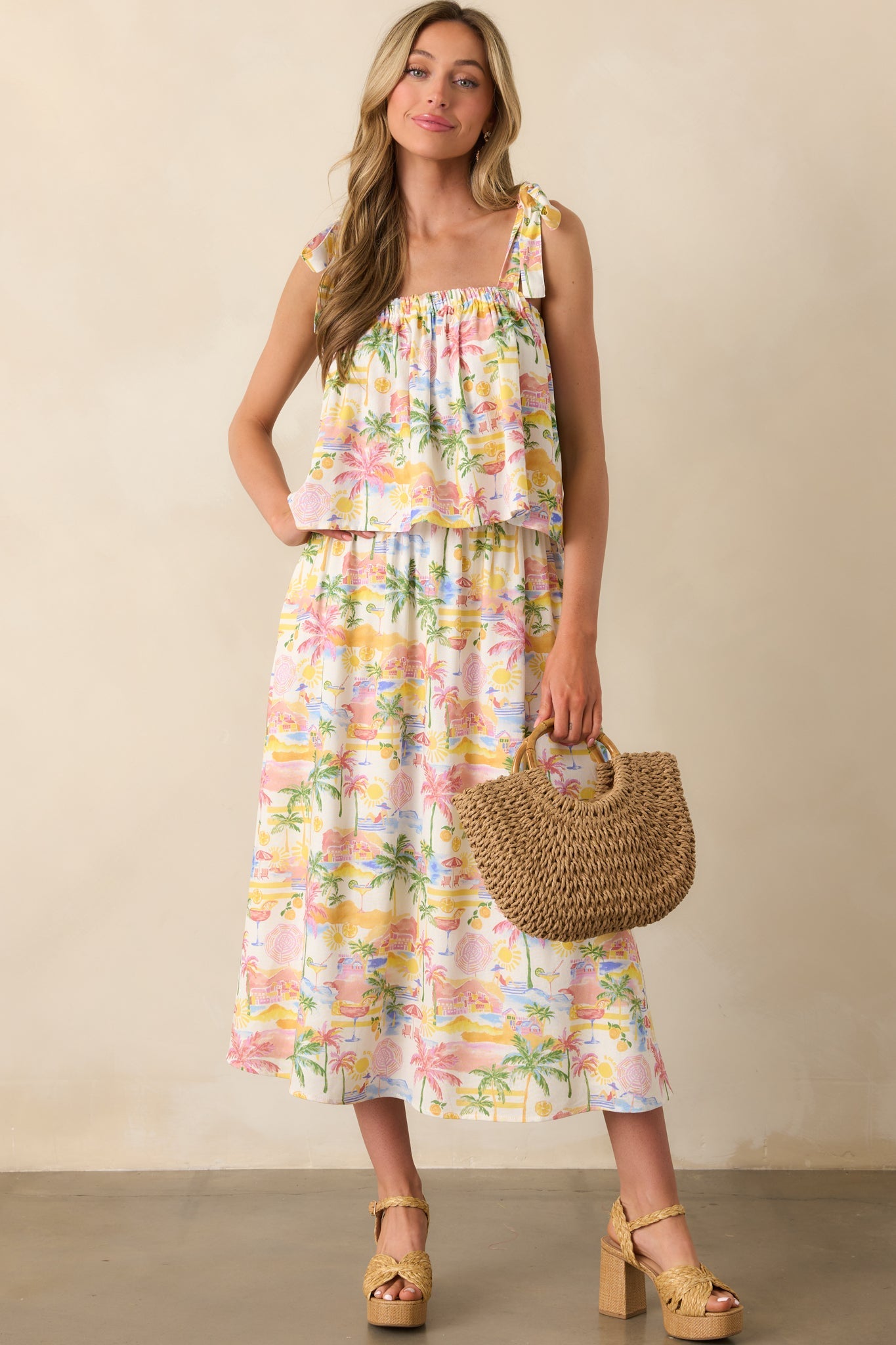 Gone To The Coast Ivory Multi Tropical Print Linen Crop Top