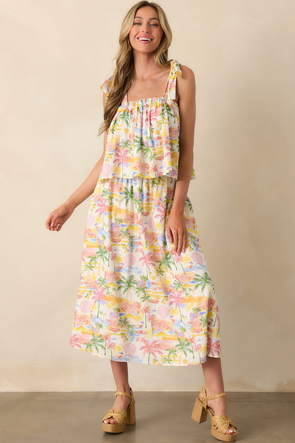 Gone To The Coast Ivory Multi Tropical Print Linen Crop Top