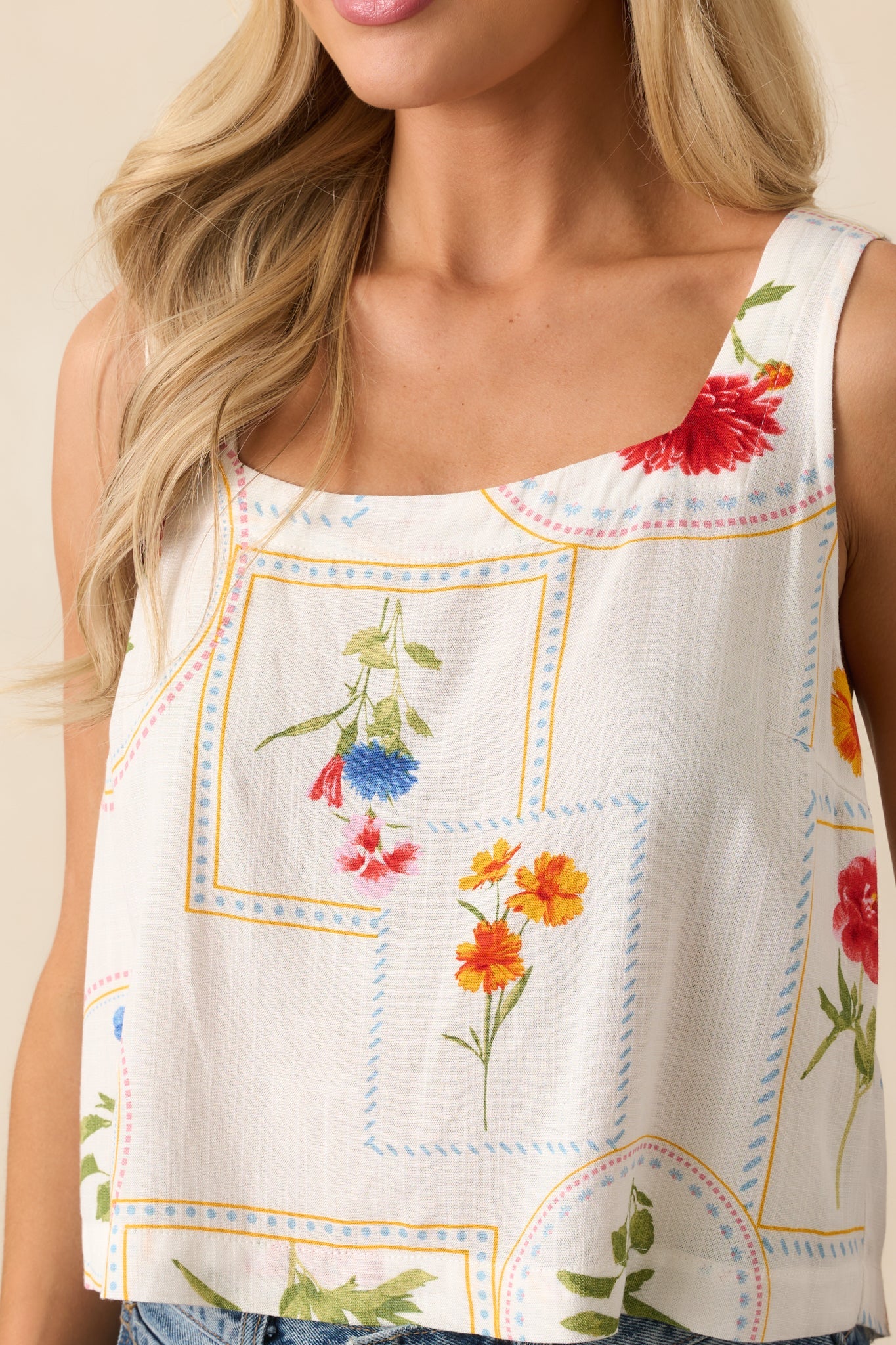 Carried By The Wind Ivory Floral Patchwork Sleeveless Top