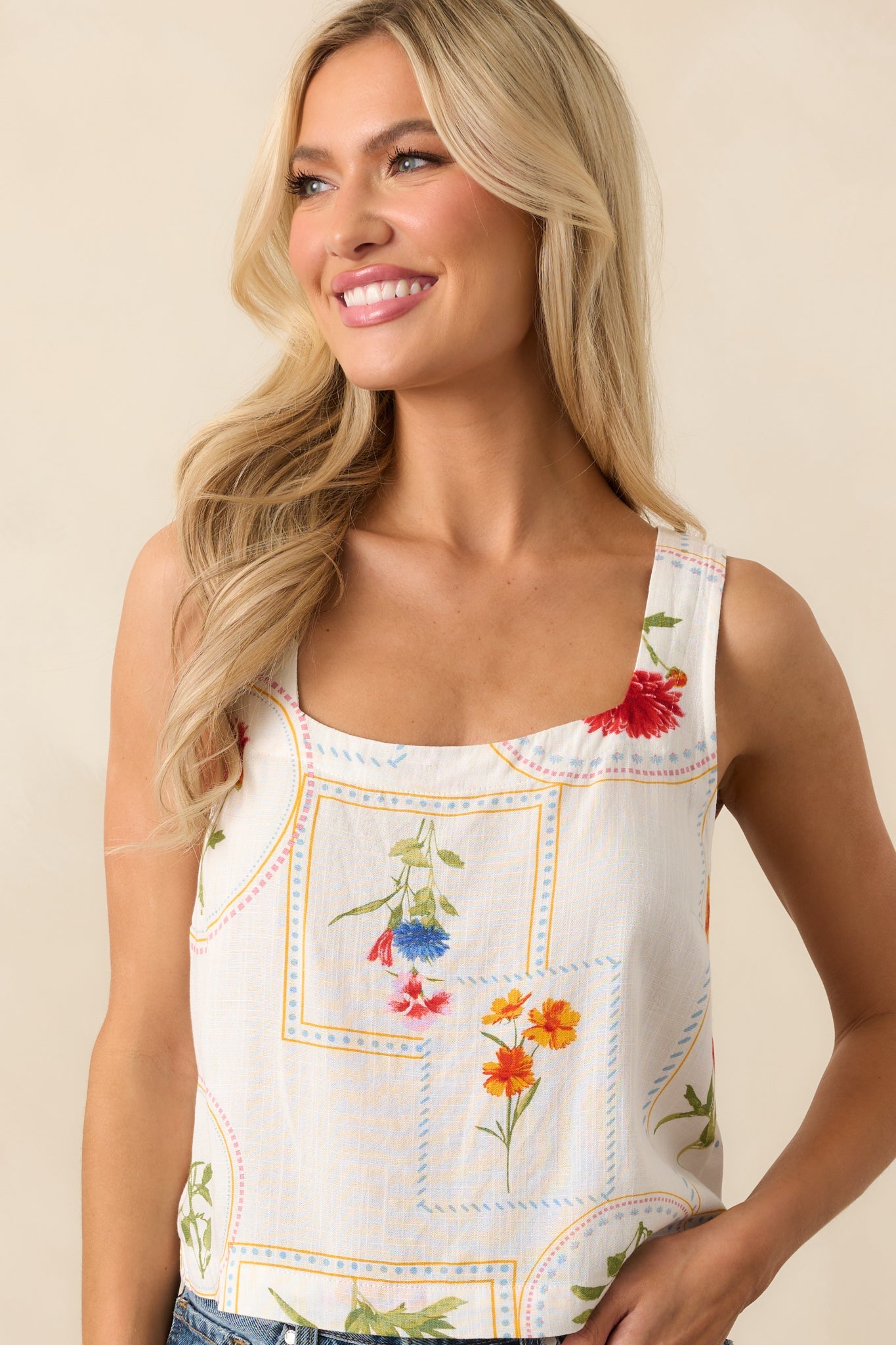 Carried By The Wind Ivory Floral Patchwork Sleeveless Top