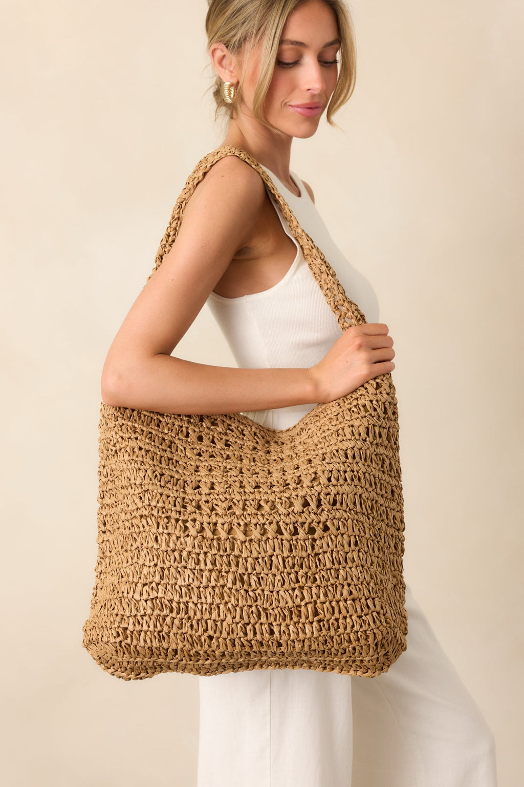 I'll Take It From Here Tan Raffia Woven Large Tote Bag