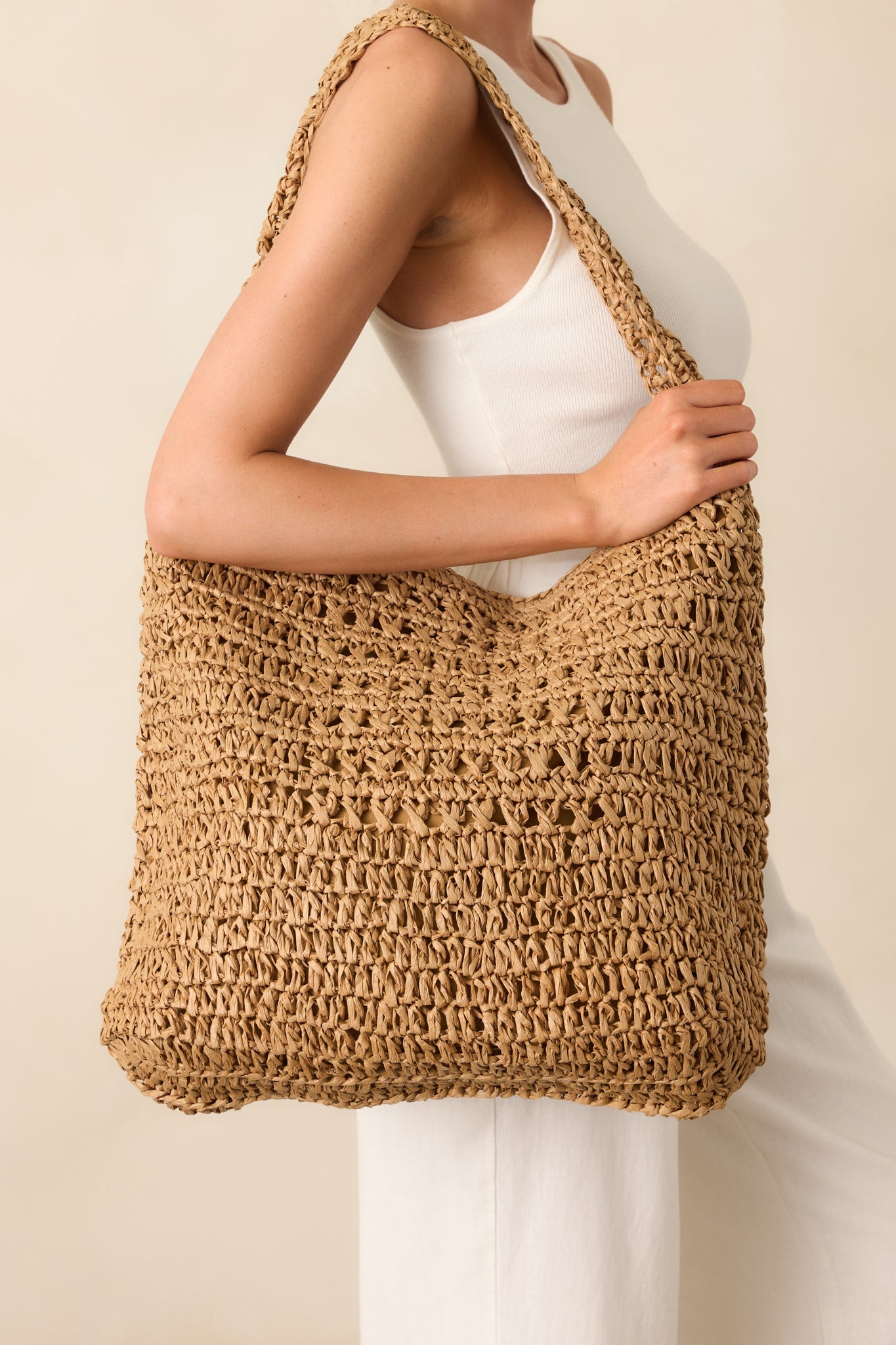 I'll Take It From Here Tan Raffia Woven Large Tote Bag
