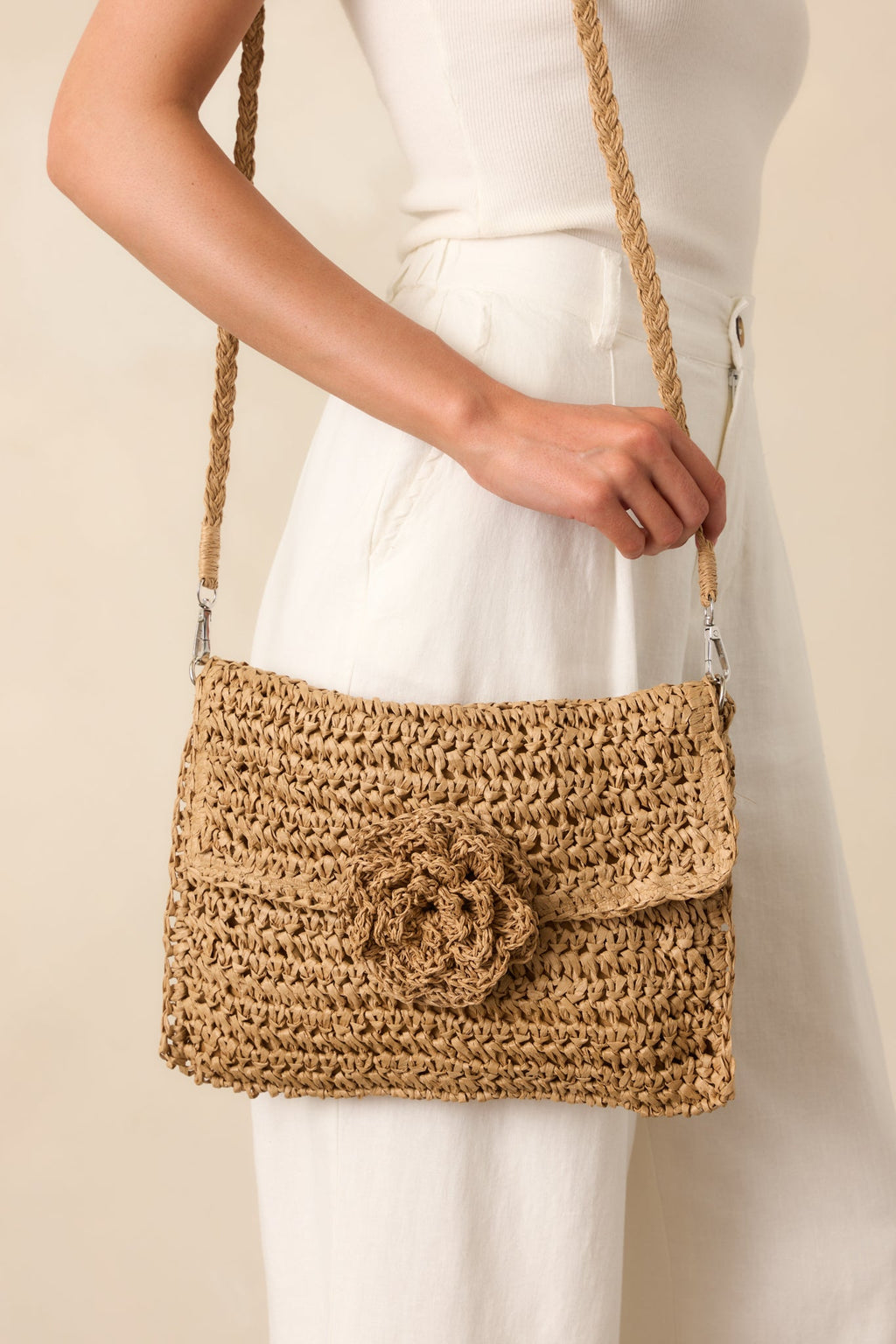 It's Just What She Needs Tan Raffia Woven Flower Handbag
