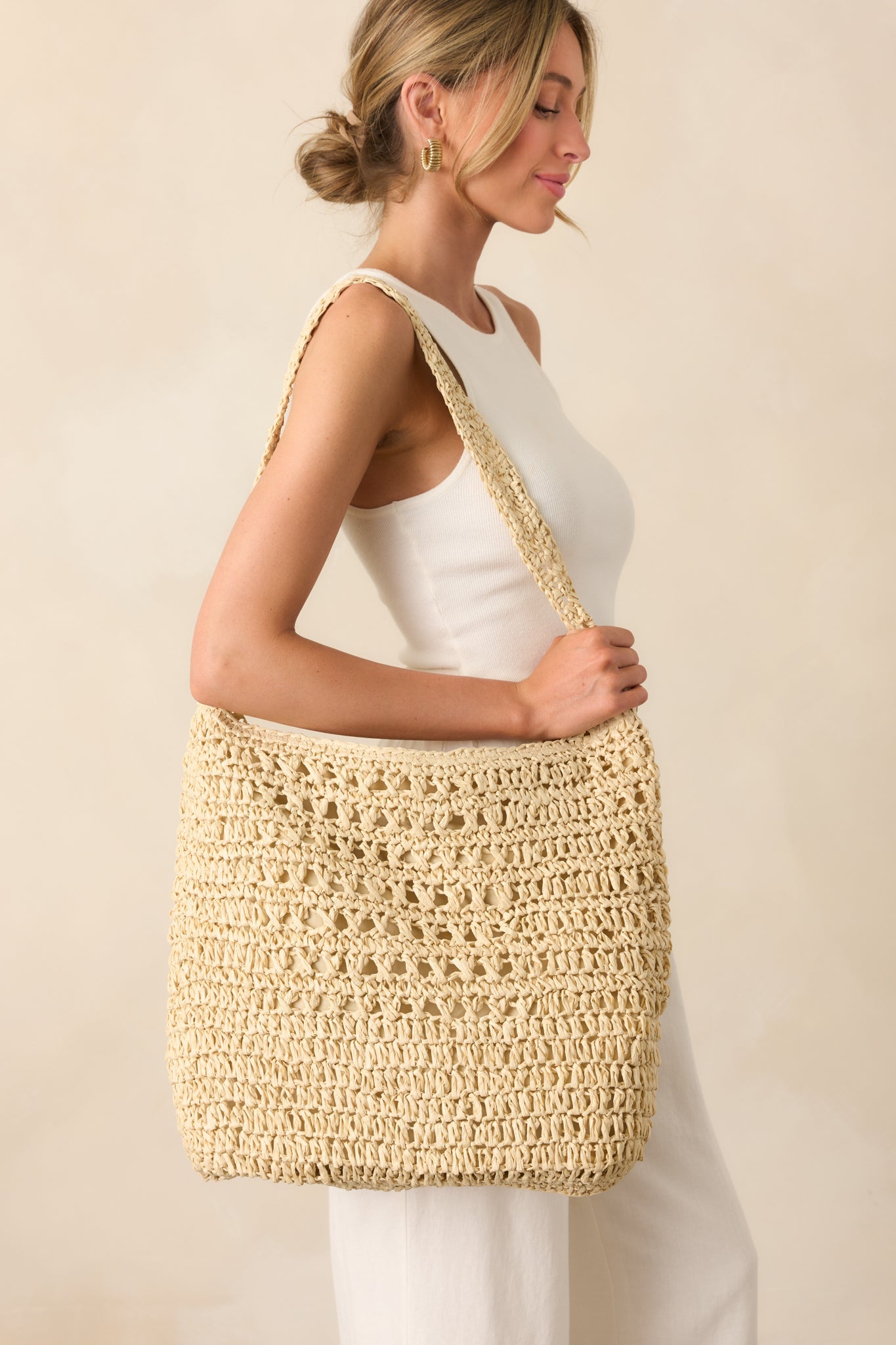 I'll Take It From Here Ivory Raffia Woven Large Tote Bag