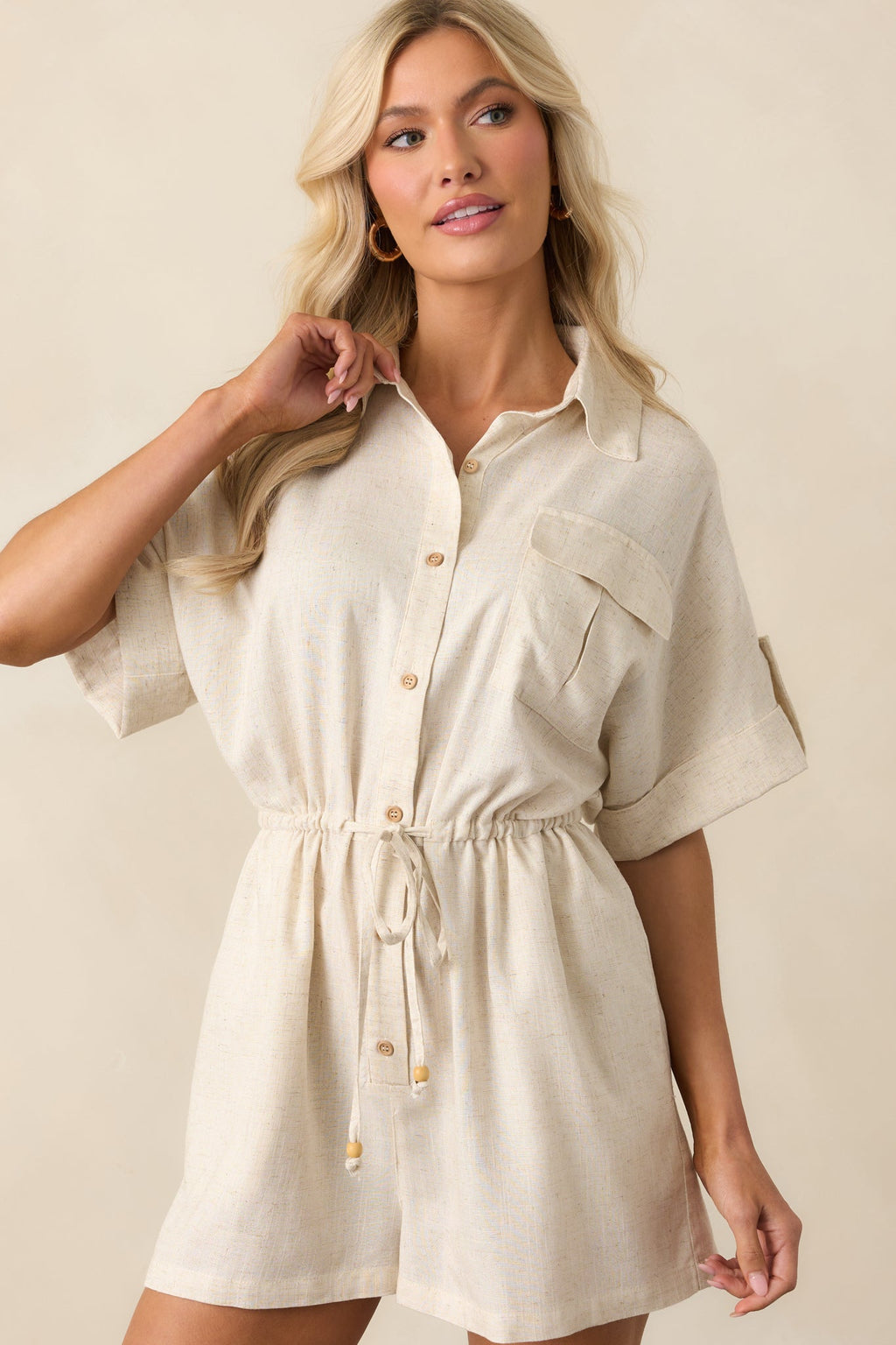 Good Things Take Time Beige Linen Button Front Romper