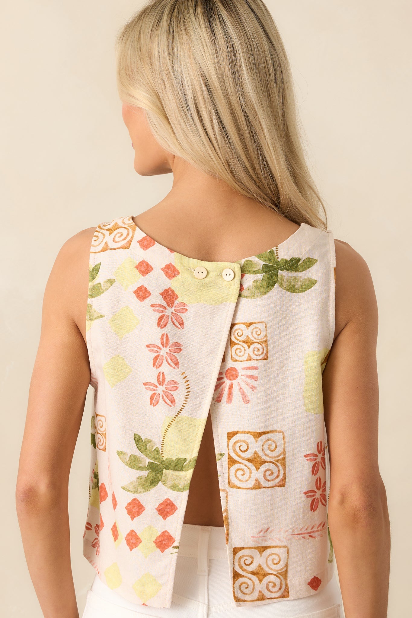 Good Days Only Beige Tropical Print Linen Sleeveless Crop Top
