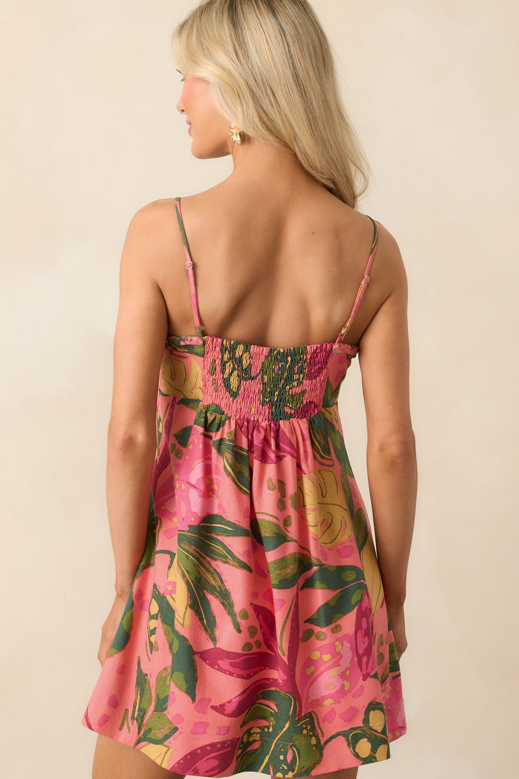 Escaping It All Pink Tropical Print Linen Mini Dress