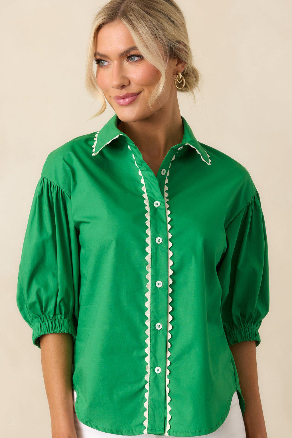 A Twist On Classic Green Cotton Button Front Top