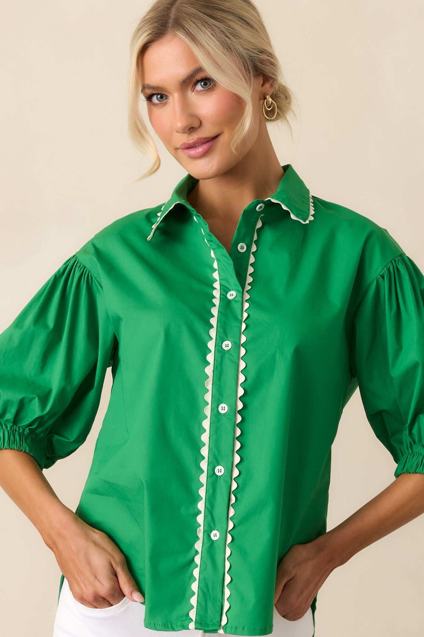 A Twist On Classic Green Cotton Button Front Top