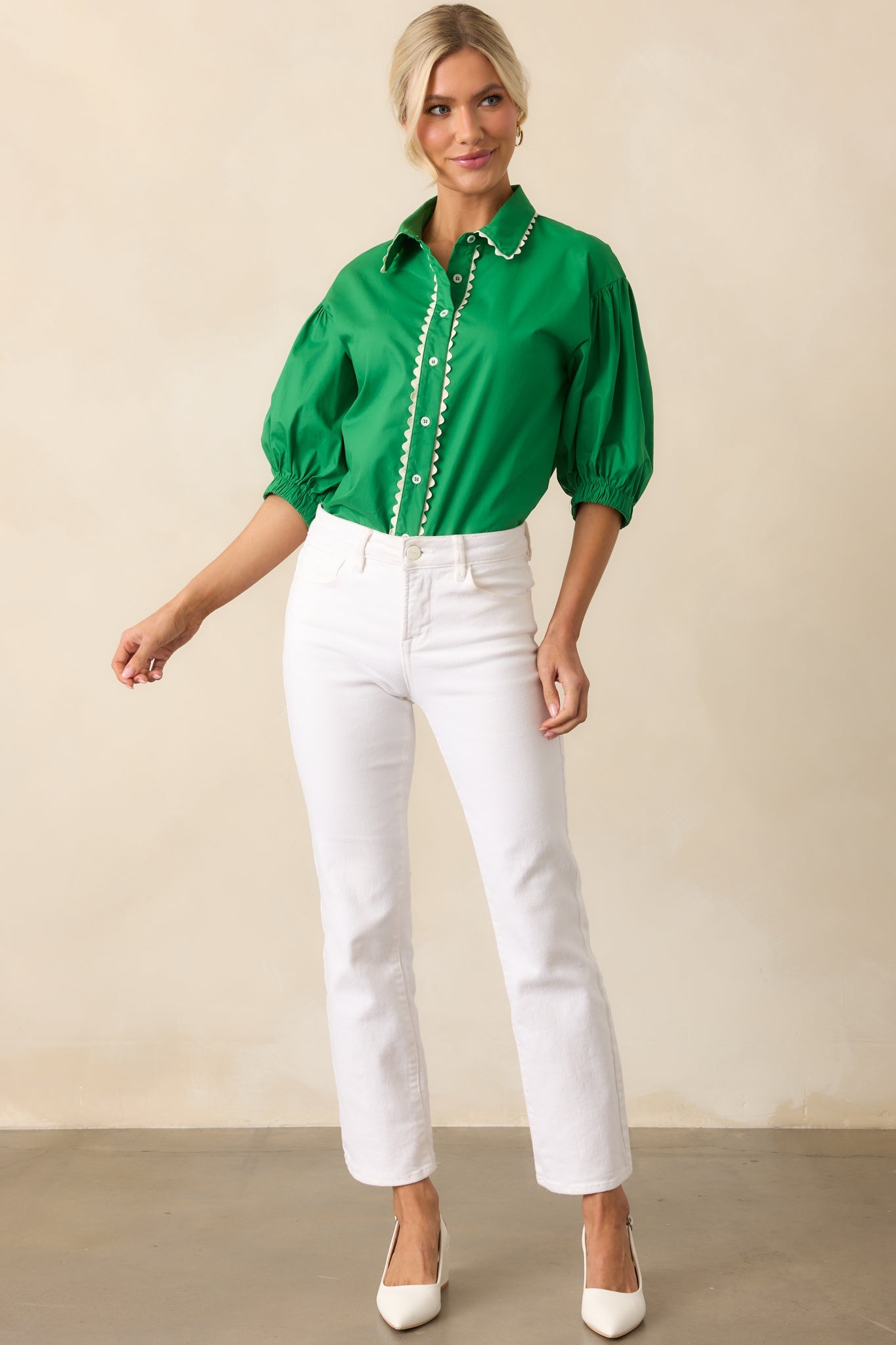 A Twist On Classic Green Cotton Button Front Top