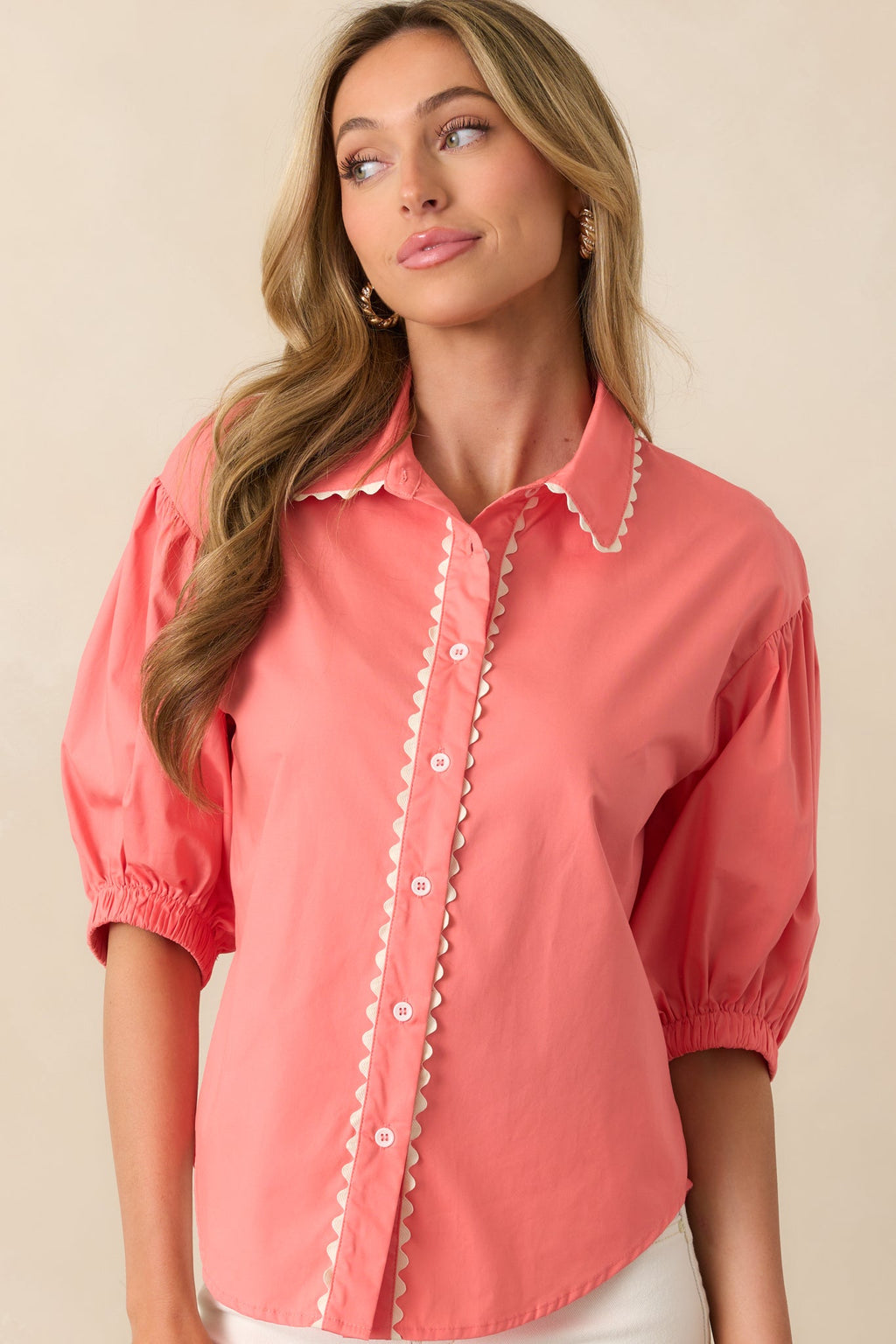 A Twist On Classic Pink Coral Cotton Button Front Top