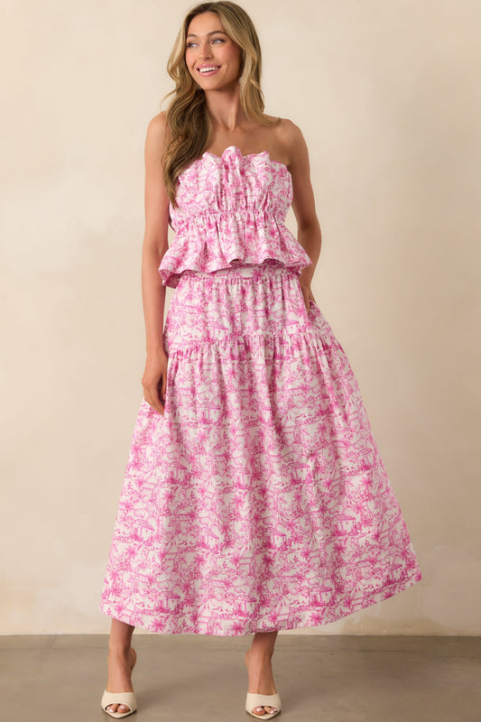 She Made Her Moment Pink Tropical Toile Print Cotton Maxi Skirt
