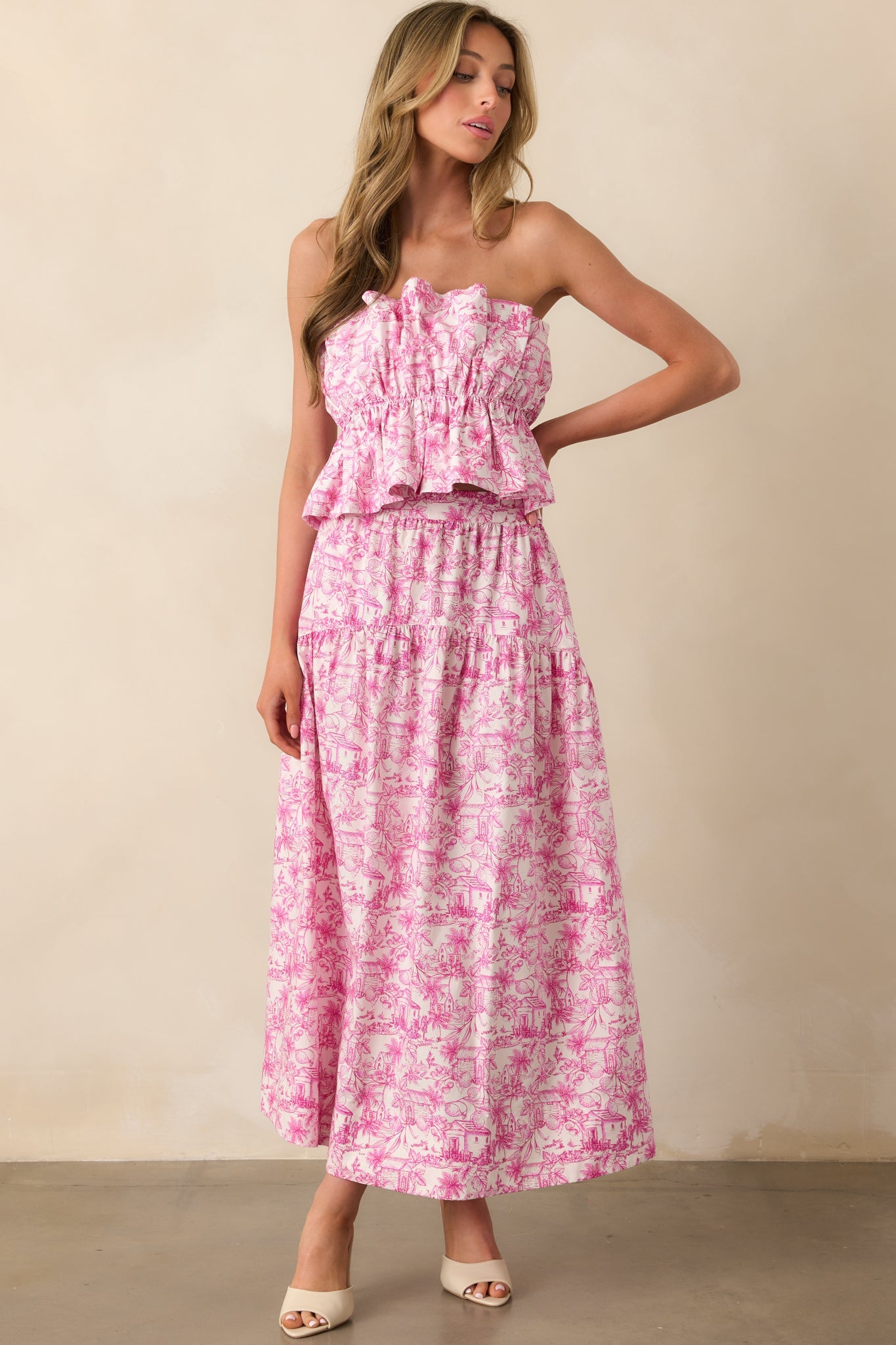 Exactly Right Pink Tropical Toile Print Cotton Strapless Peplum Top