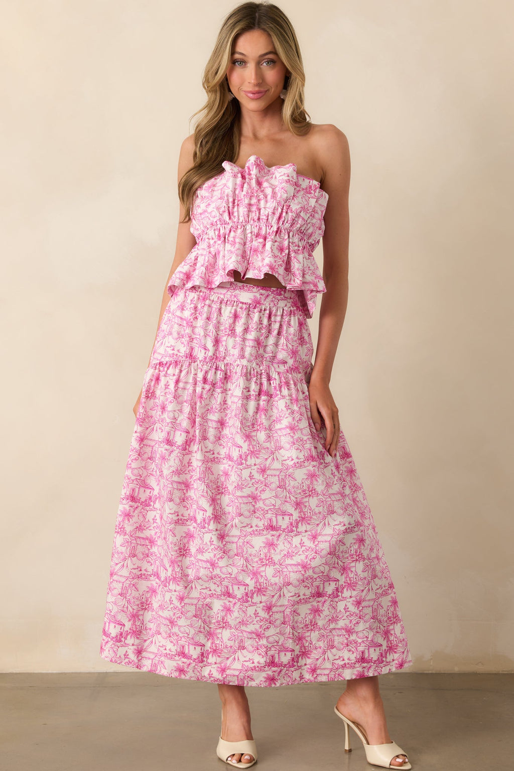 Exactly Right Pink Tropical Toile Print Cotton Strapless Peplum Top