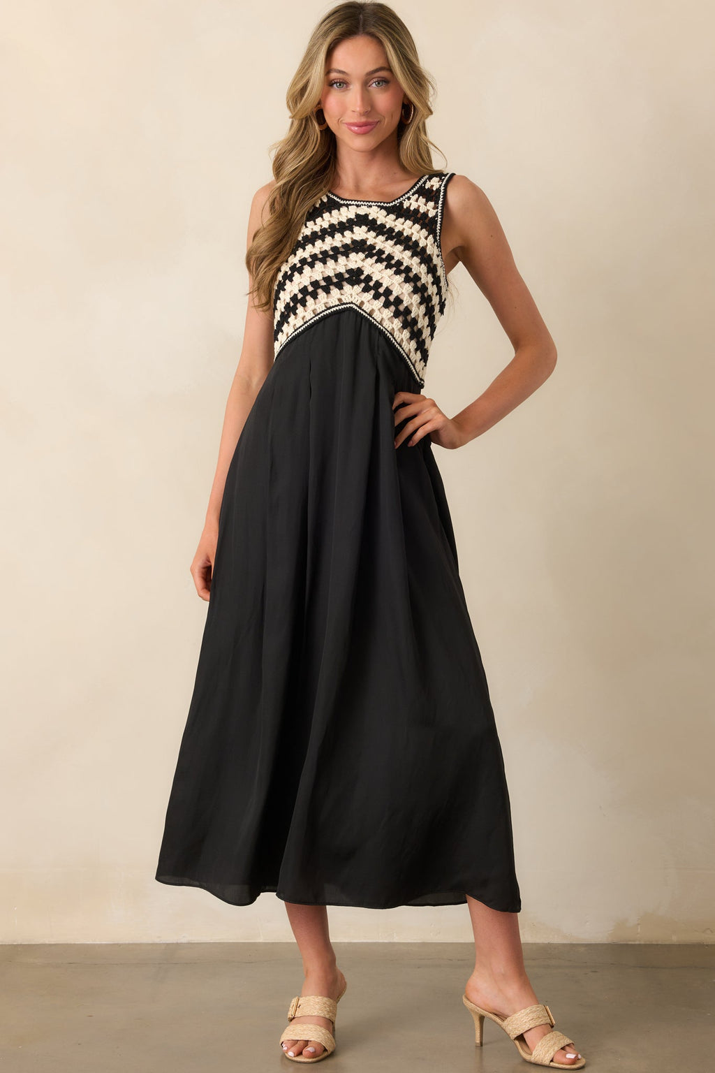 At This Point Black Diagonal Stripe Cotton Crochet Maxi Dress