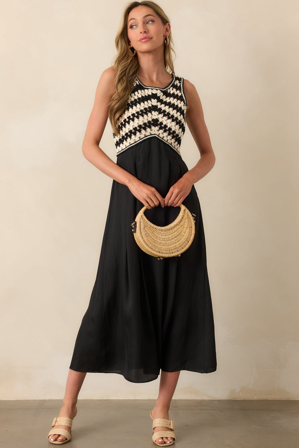At This Point Black Diagonal Stripe Cotton Crochet Maxi Dress