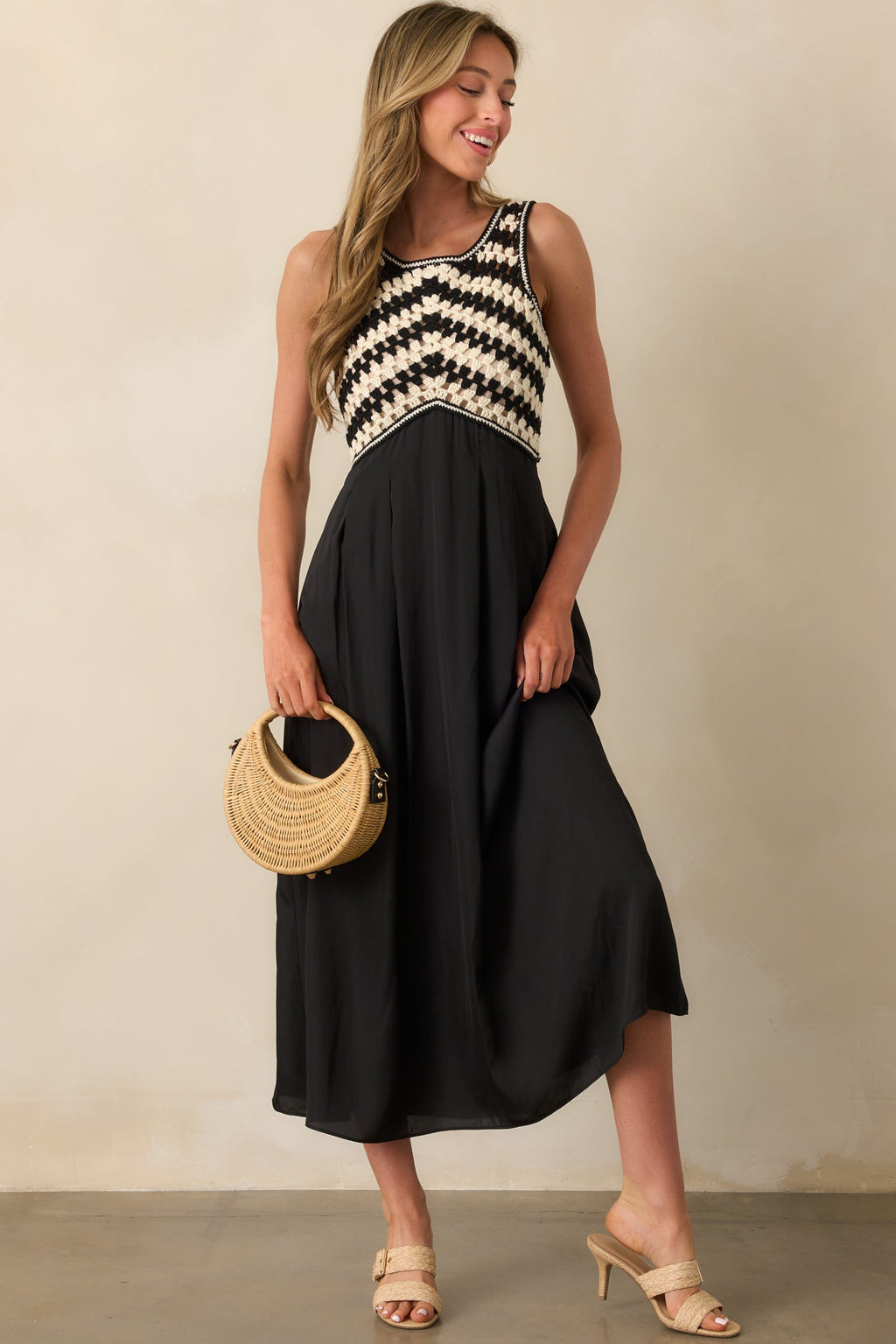 At This Point Black Diagonal Stripe Cotton Crochet Maxi Dress