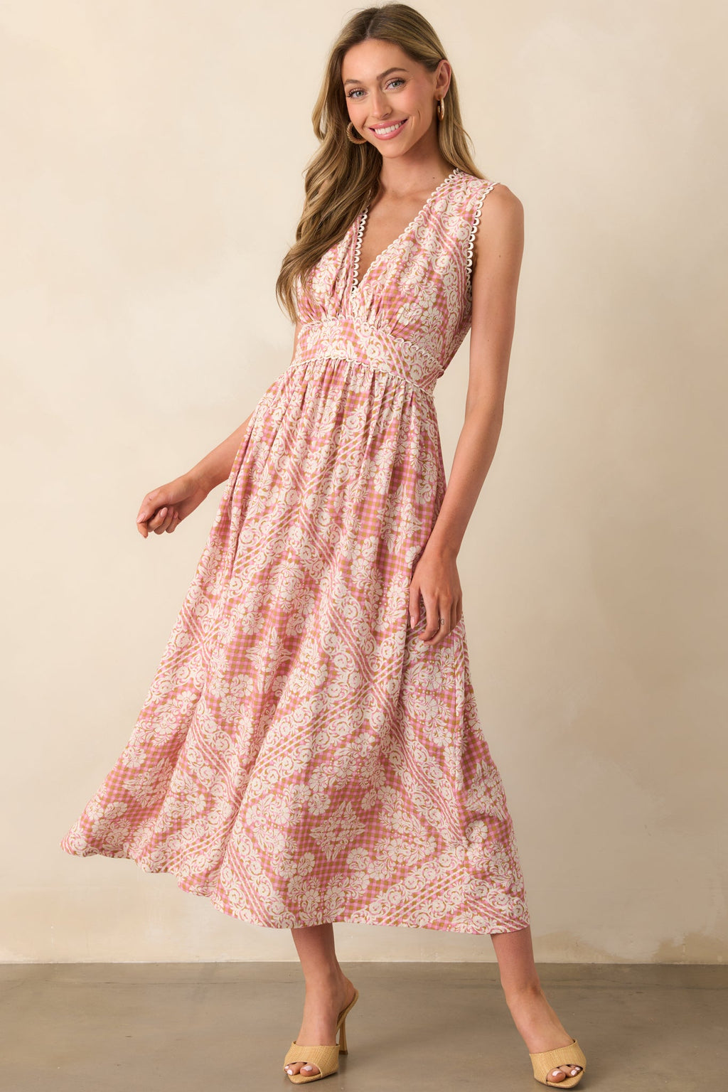 In Light Of It All Rose Pink Floral Gingham Maxi Dress