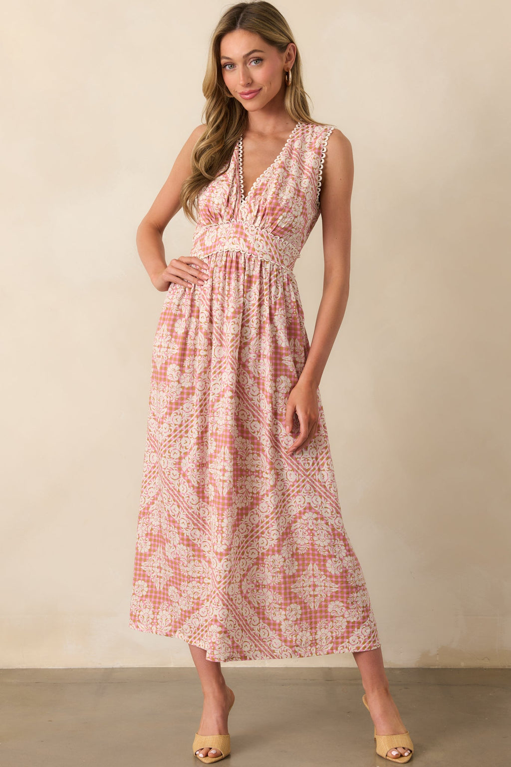 In Light Of It All Rose Pink Floral Gingham Maxi Dress
