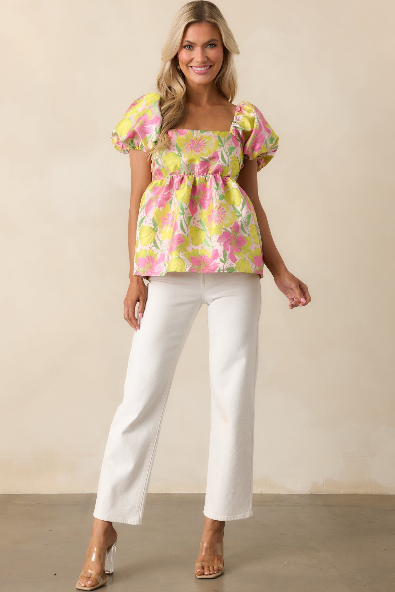 Bloom With Grace Light Pink Floral Jacquard Peplum Top