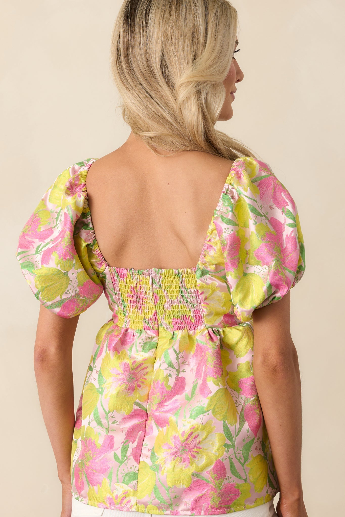 Bloom With Grace Light Pink Floral Jacquard Peplum Top
