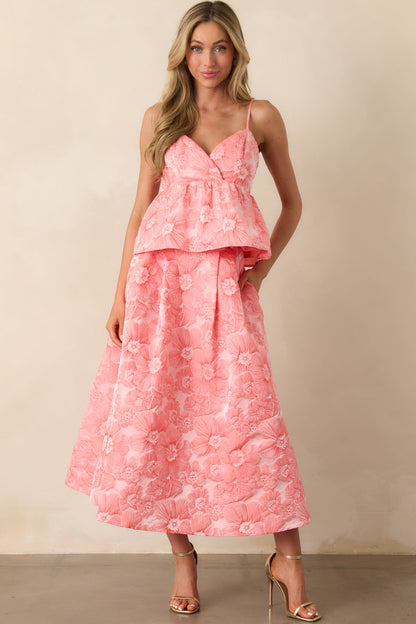 Beauty Of Life Pink Coral Floral Jacquard Midi Skirt