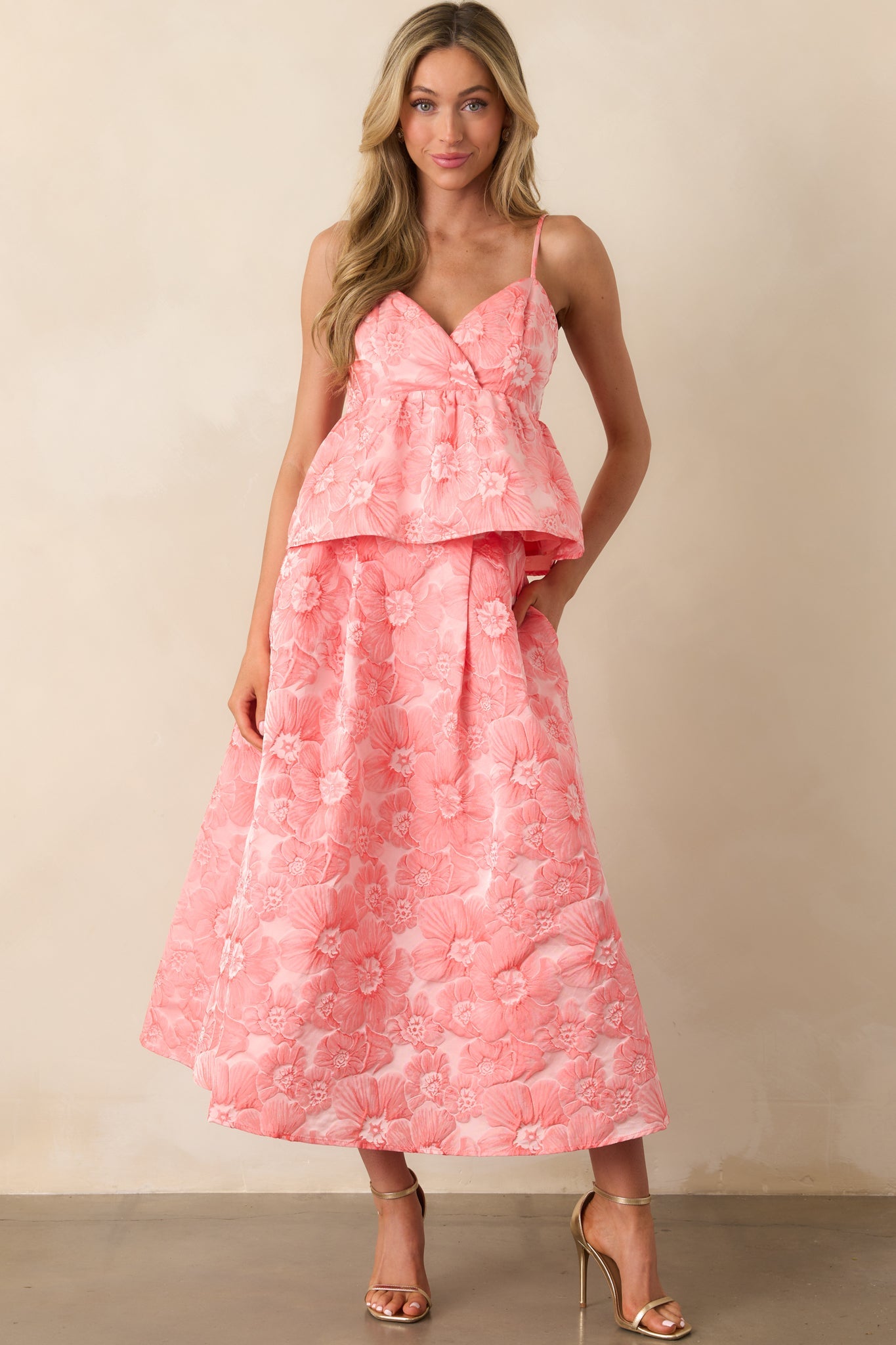 Sunlit Stroll Pink Coral Floral Jacquard Peplum Top