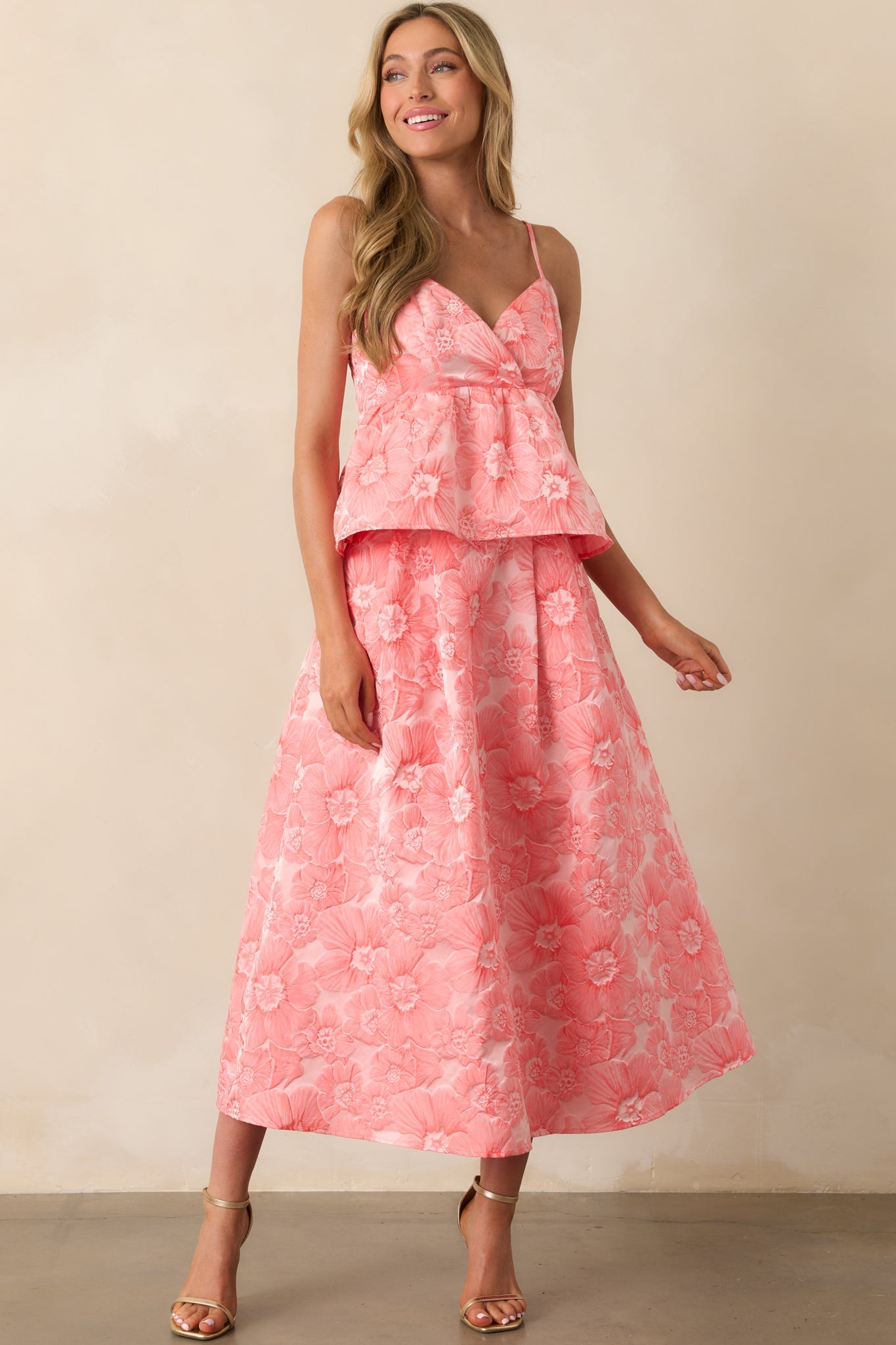 Sunlit Stroll Pink Coral Floral Jacquard Peplum Top