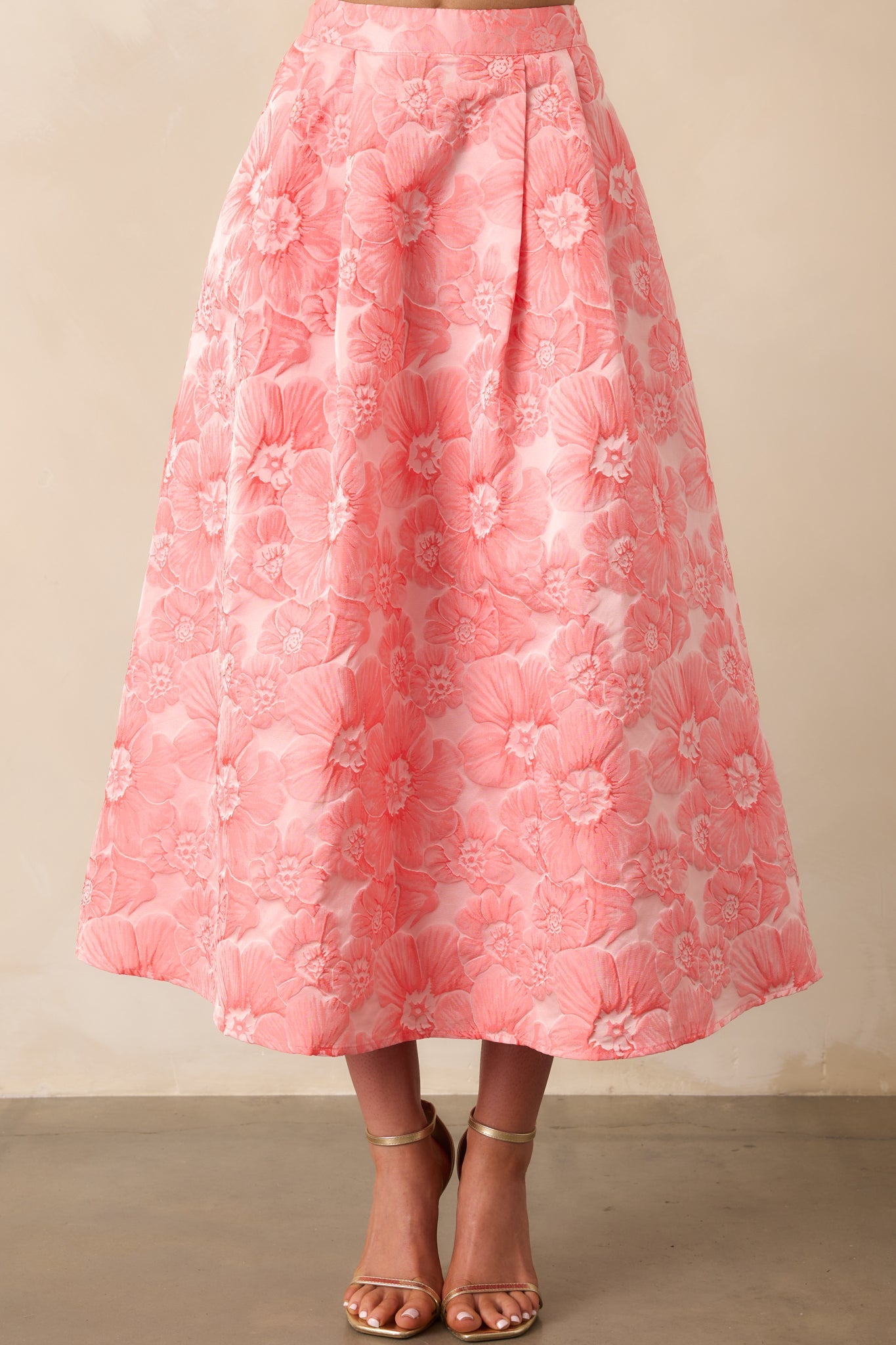 Beauty Of Life Pink Coral Floral Jacquard Midi Skirt