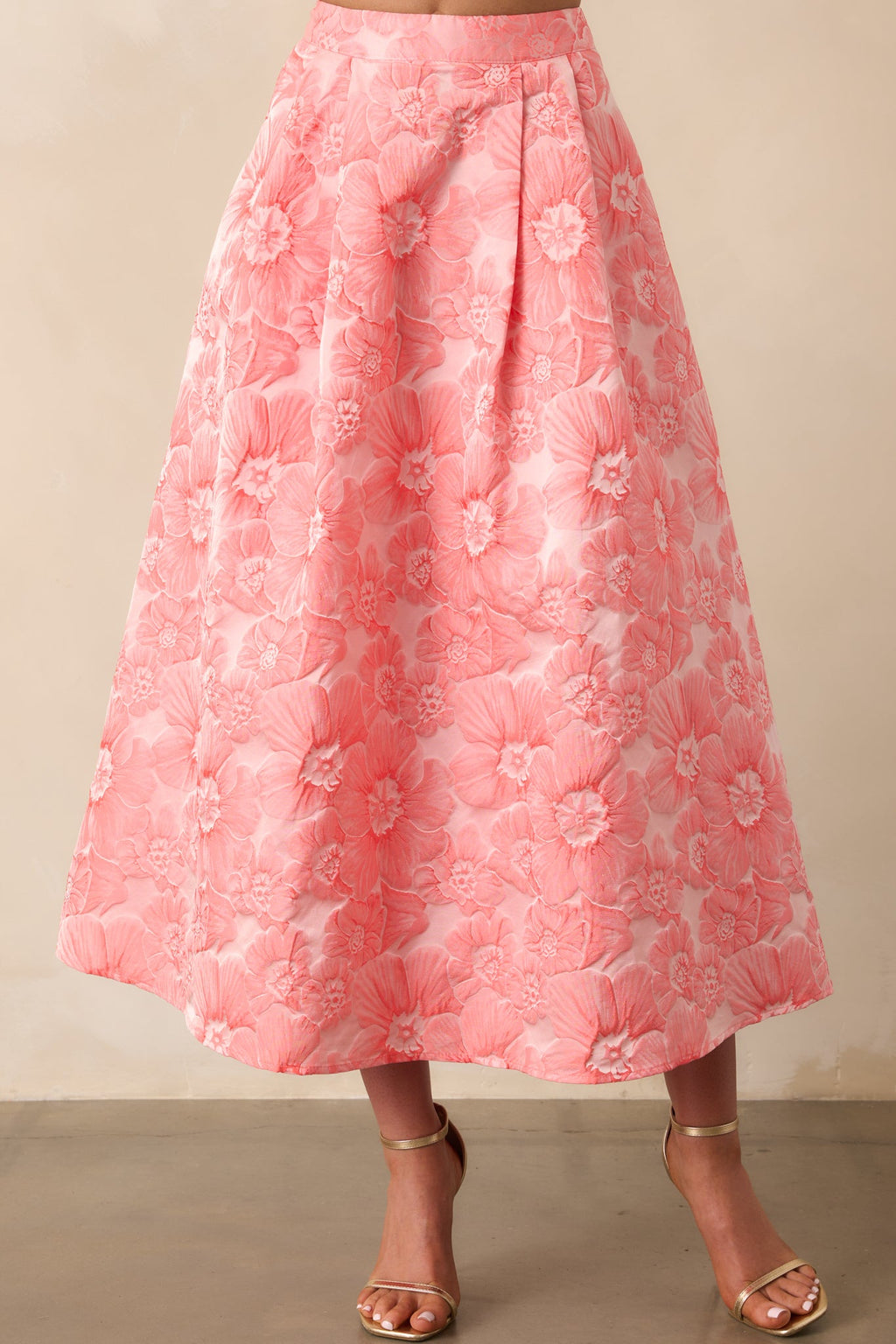Beauty Of Life Pink Coral Floral Jacquard Midi Skirt