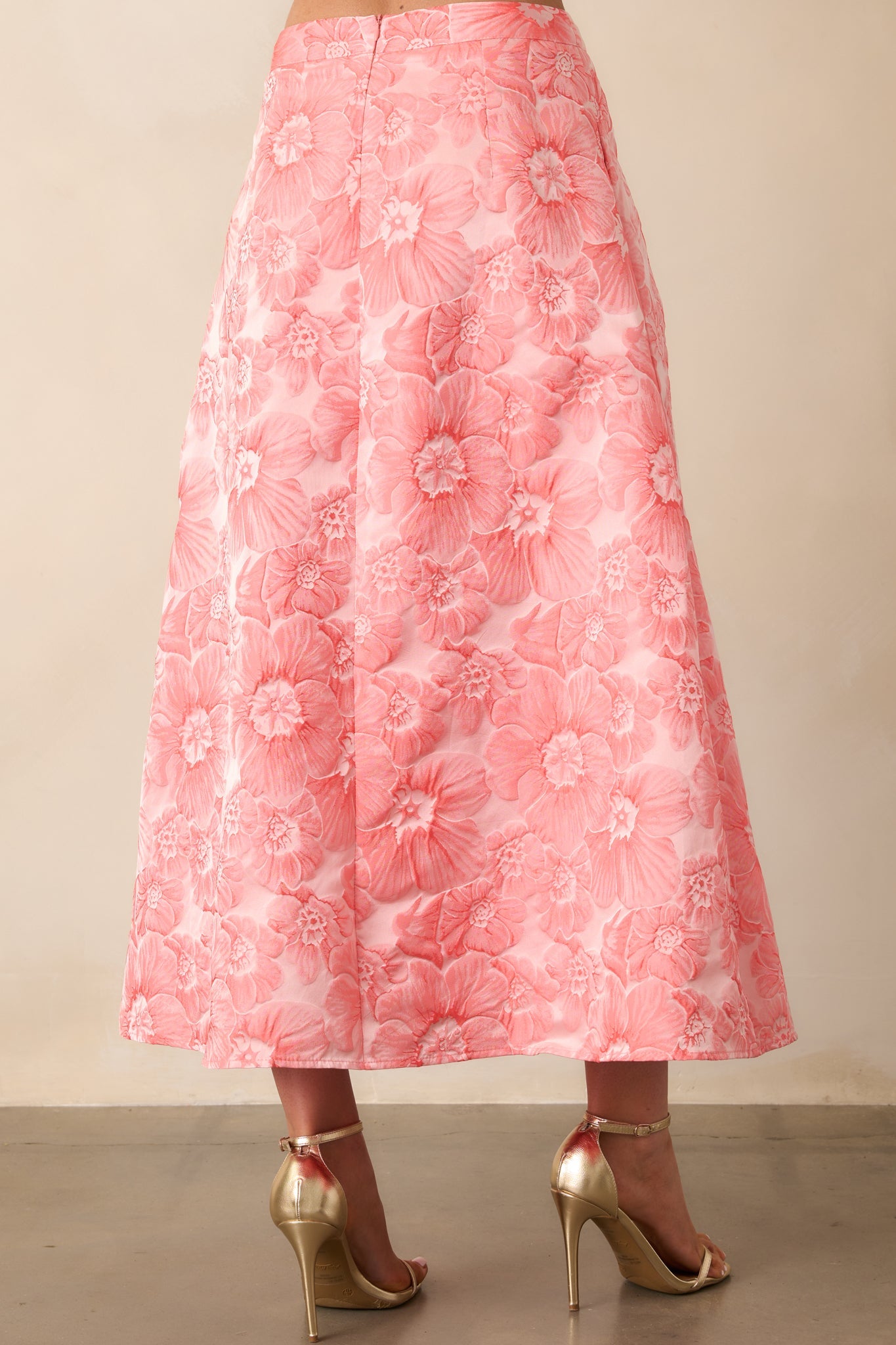 Beauty Of Life Pink Coral Floral Jacquard Midi Skirt