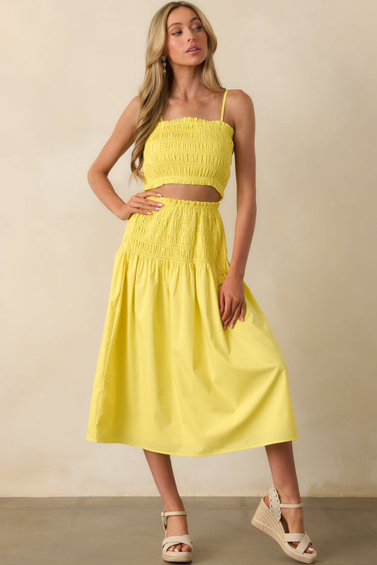 Ease Your Mind Bright Yellow Smocked Drop Waist Midi Skirt