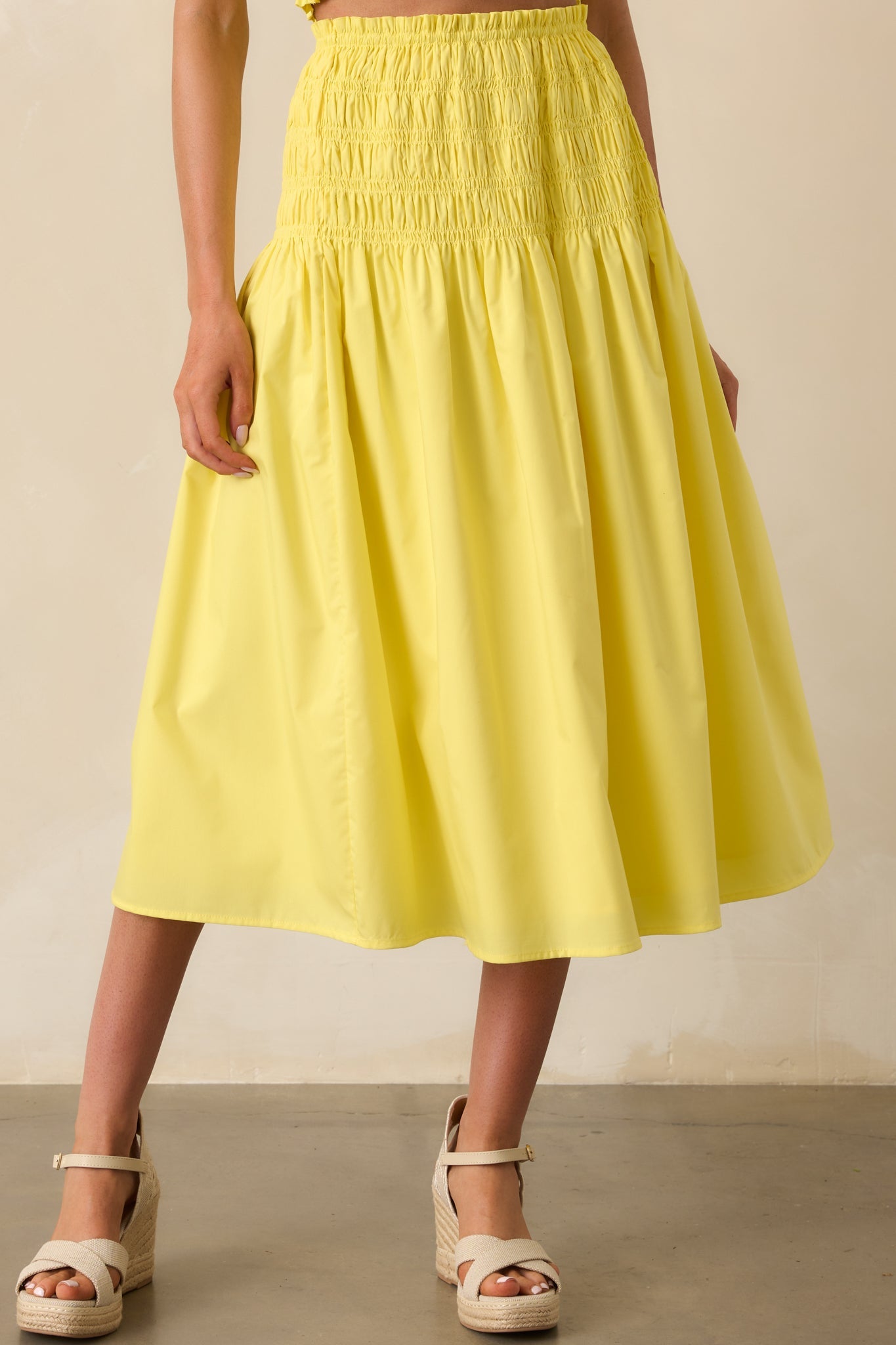 Ease Your Mind Bright Yellow Smocked Drop Waist Midi Skirt