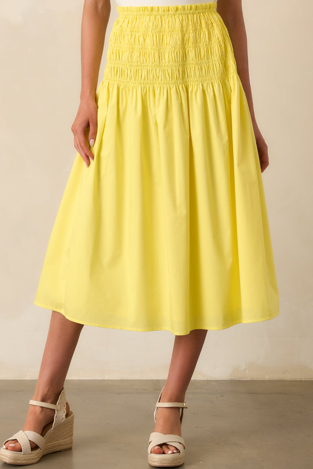 Ease Your Mind Bright Yellow Smocked Drop Waist Midi Skirt