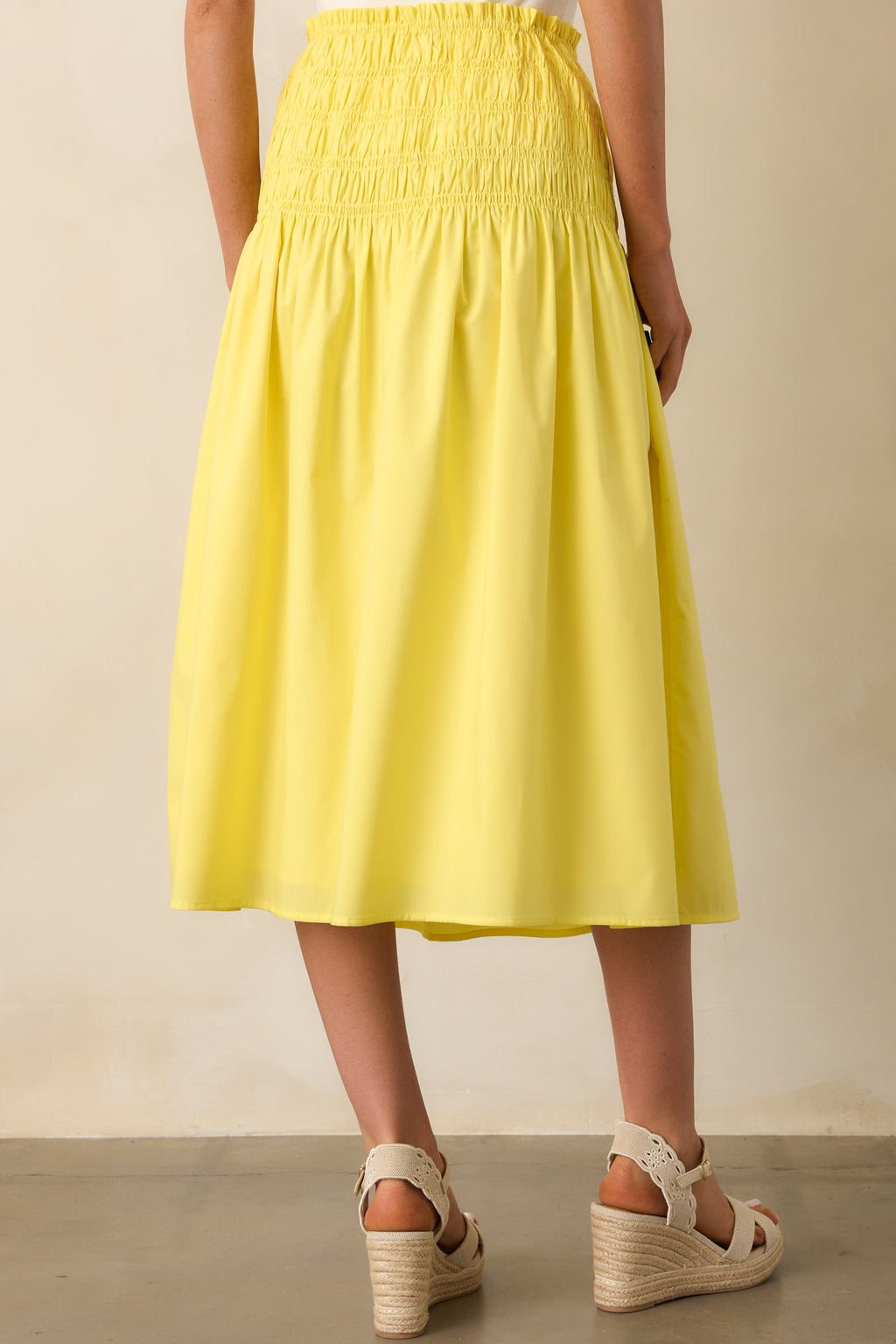 Ease Your Mind Bright Yellow Smocked Drop Waist Midi Skirt