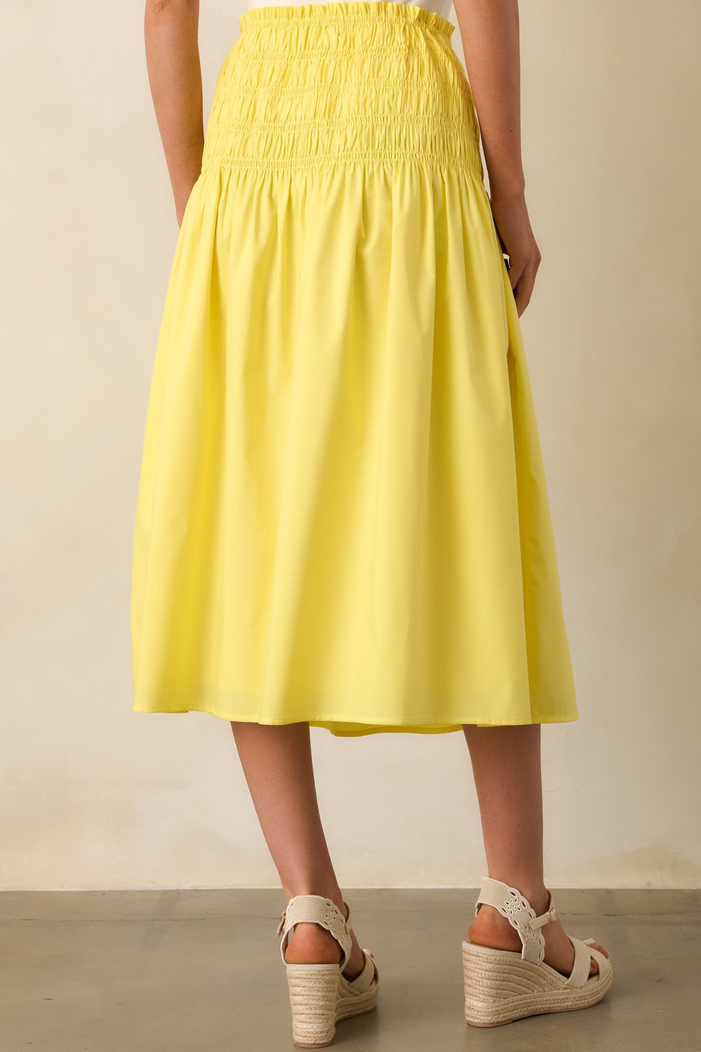 Ease Your Mind Bright Yellow Smocked Drop Waist Midi Skirt