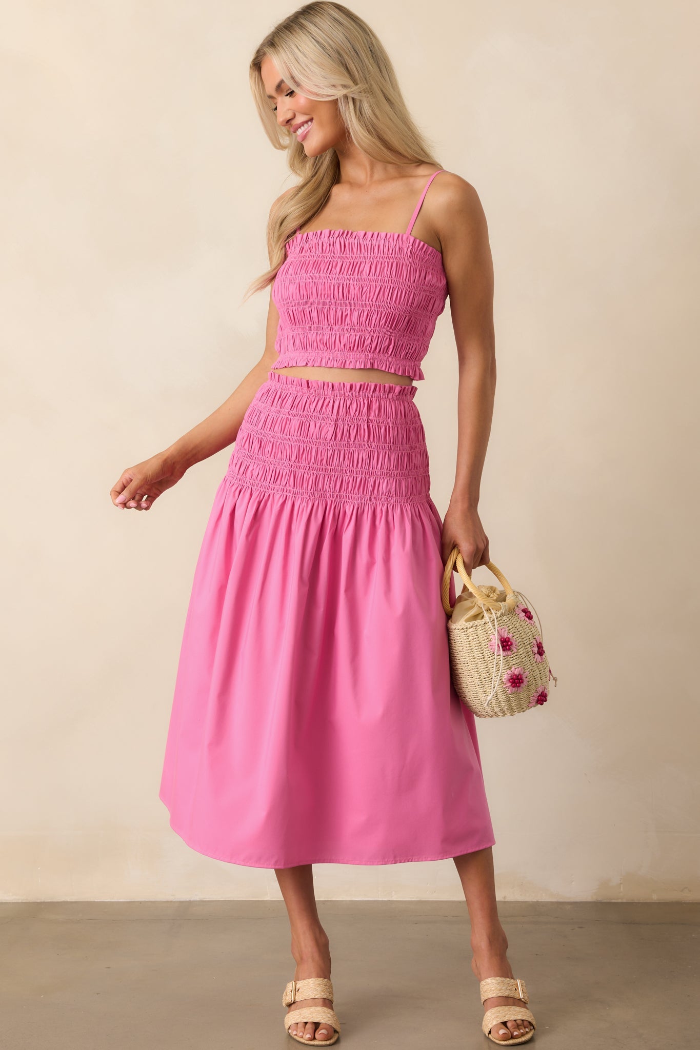 Ease Your Mind Hot Pink Smocked Drop Waist Midi Skirt