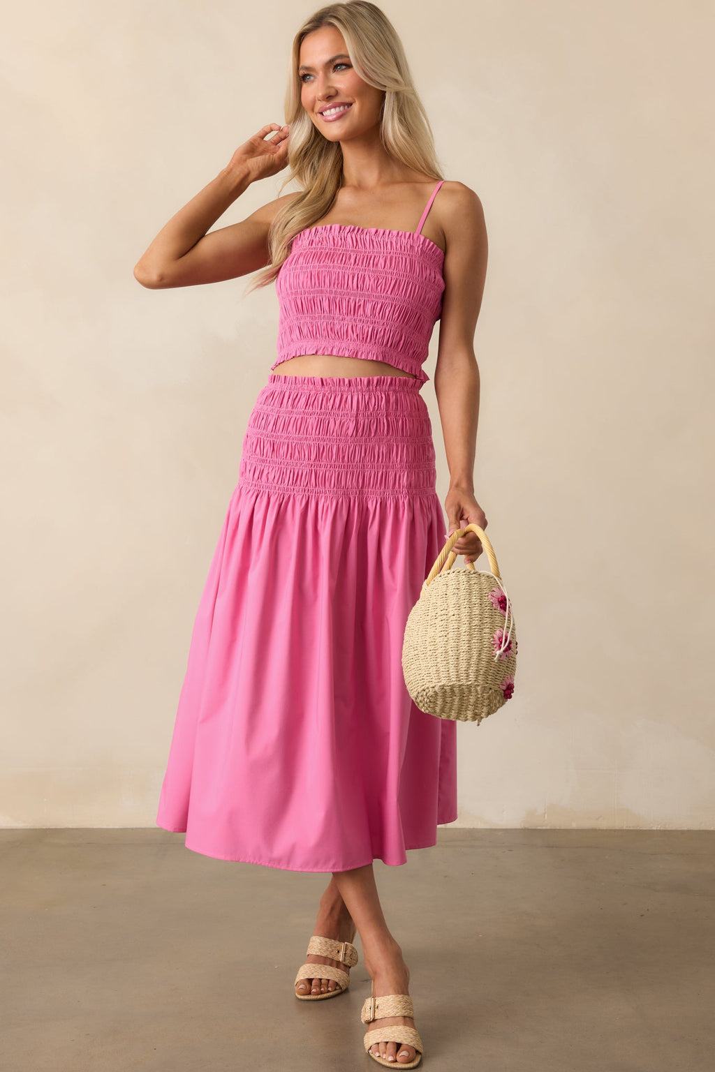 Ease Your Mind Hot Pink Smocked Drop Waist Midi Skirt