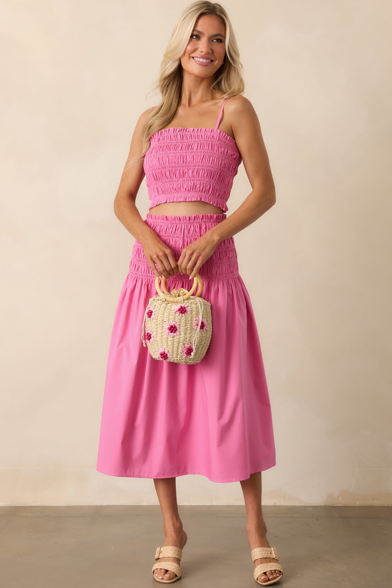 Ease Your Mind Hot Pink Smocked Drop Waist Midi Skirt