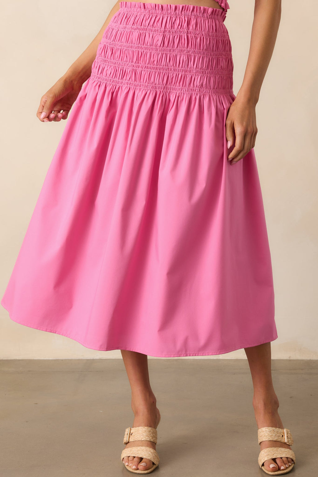 Ease Your Mind Hot Pink Smocked Drop Waist Midi Skirt