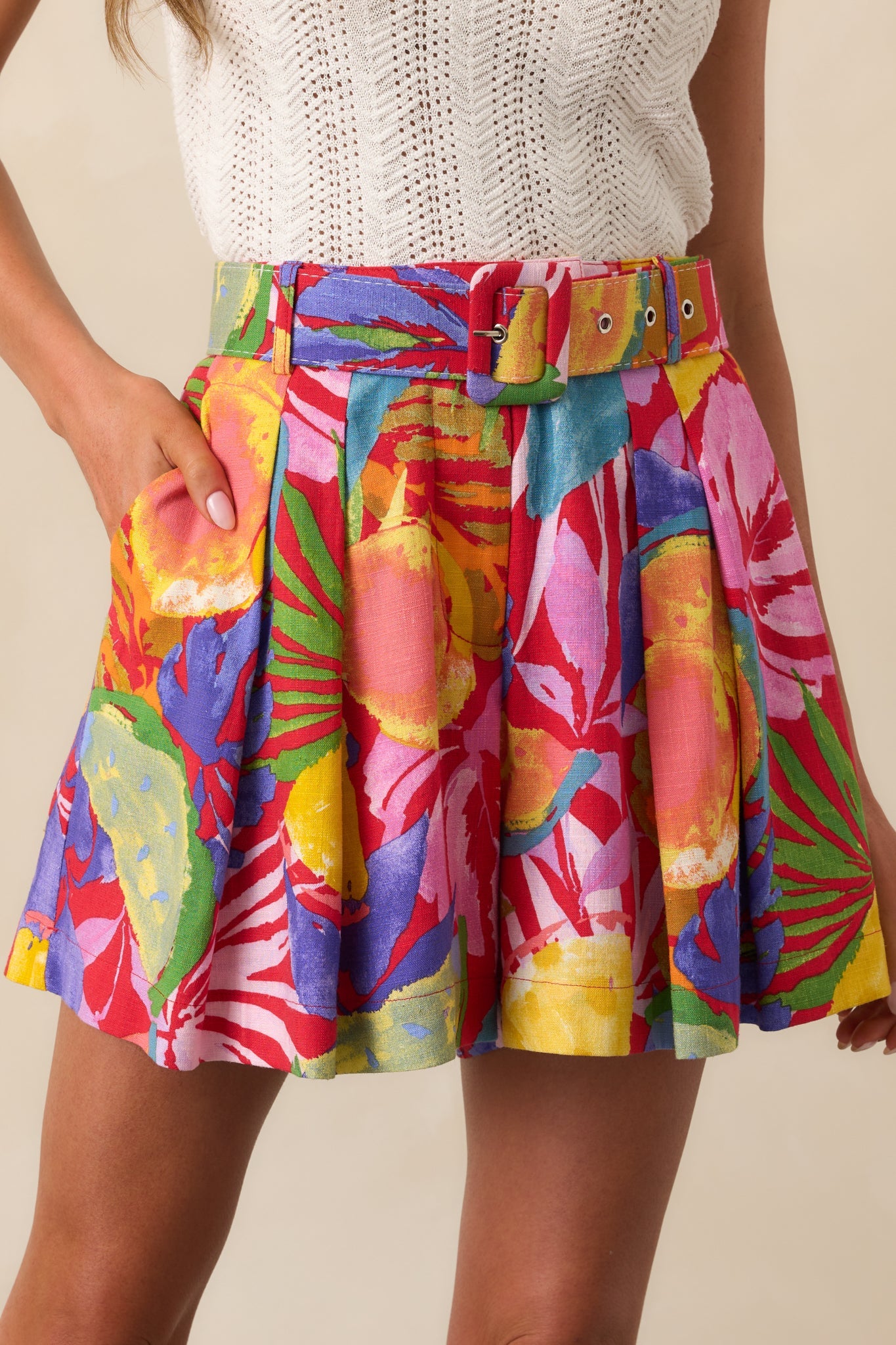 Light On the Horizon Pink Tropical Print Belted Linen Shorts