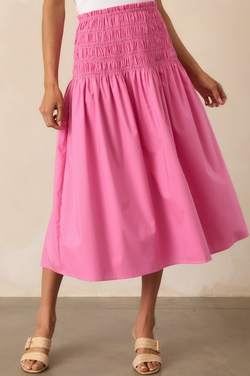 Ease Your Mind Hot Pink Smocked Drop Waist Midi Skirt