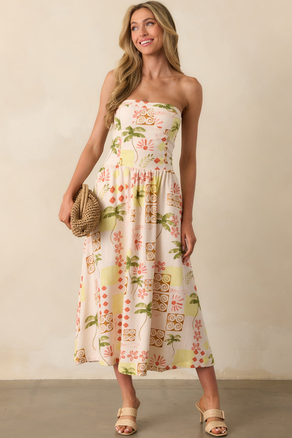 Live For The Moment Beige Tropical Print Linen Strapless Midi Dress