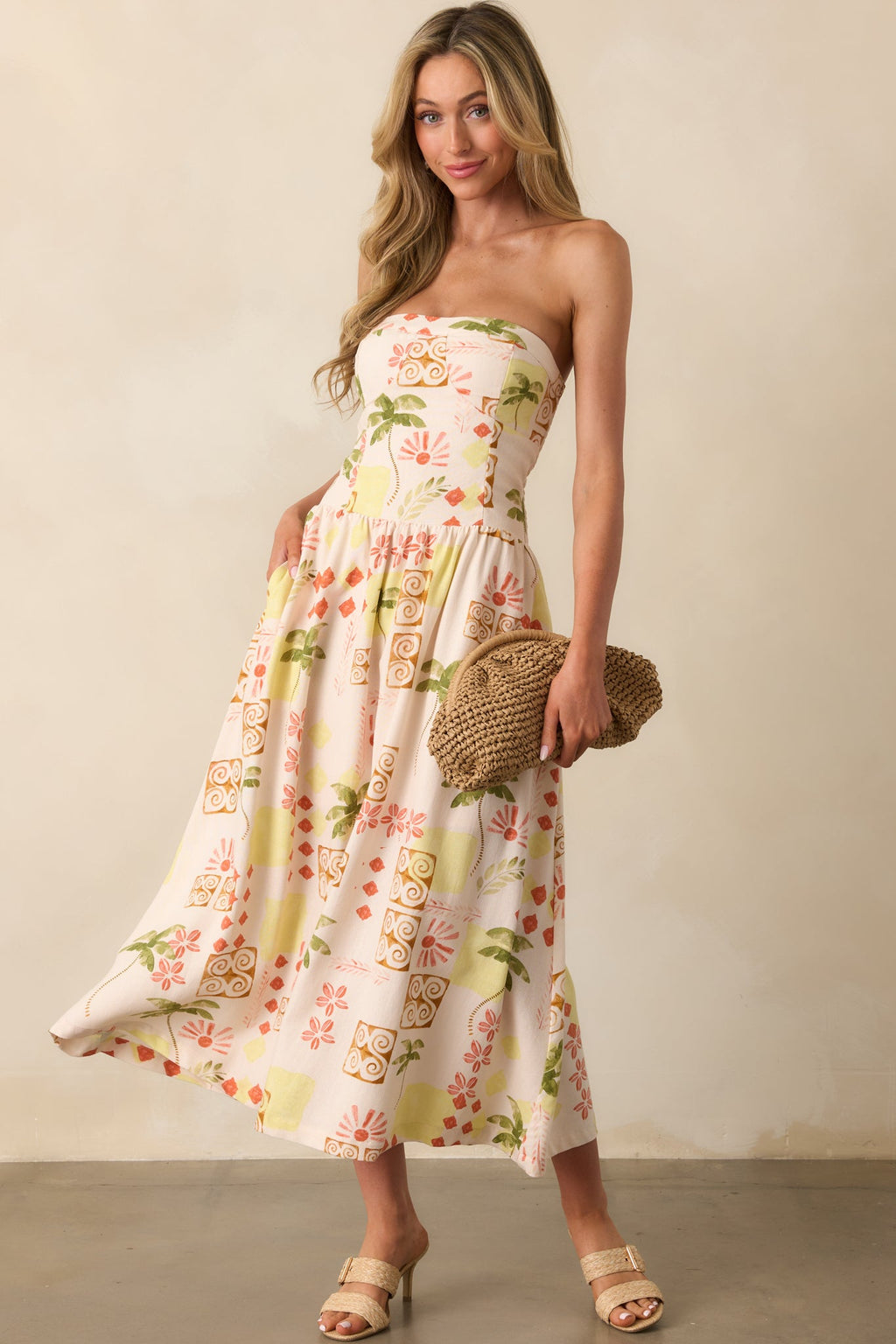 Live For The Moment Beige Tropical Print Linen Strapless Midi Dress