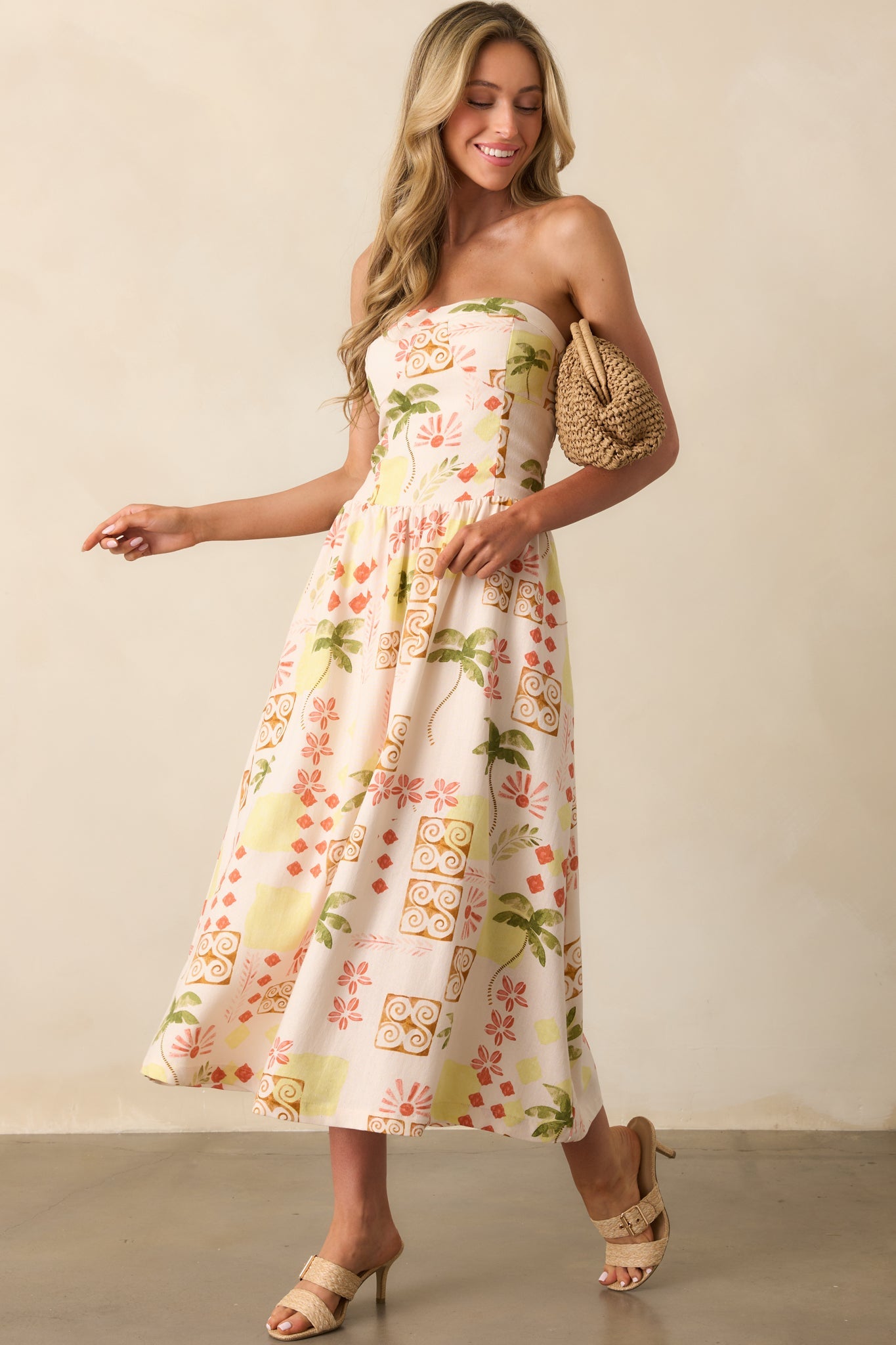 Live For The Moment Beige Tropical Print Linen Strapless Midi Dress