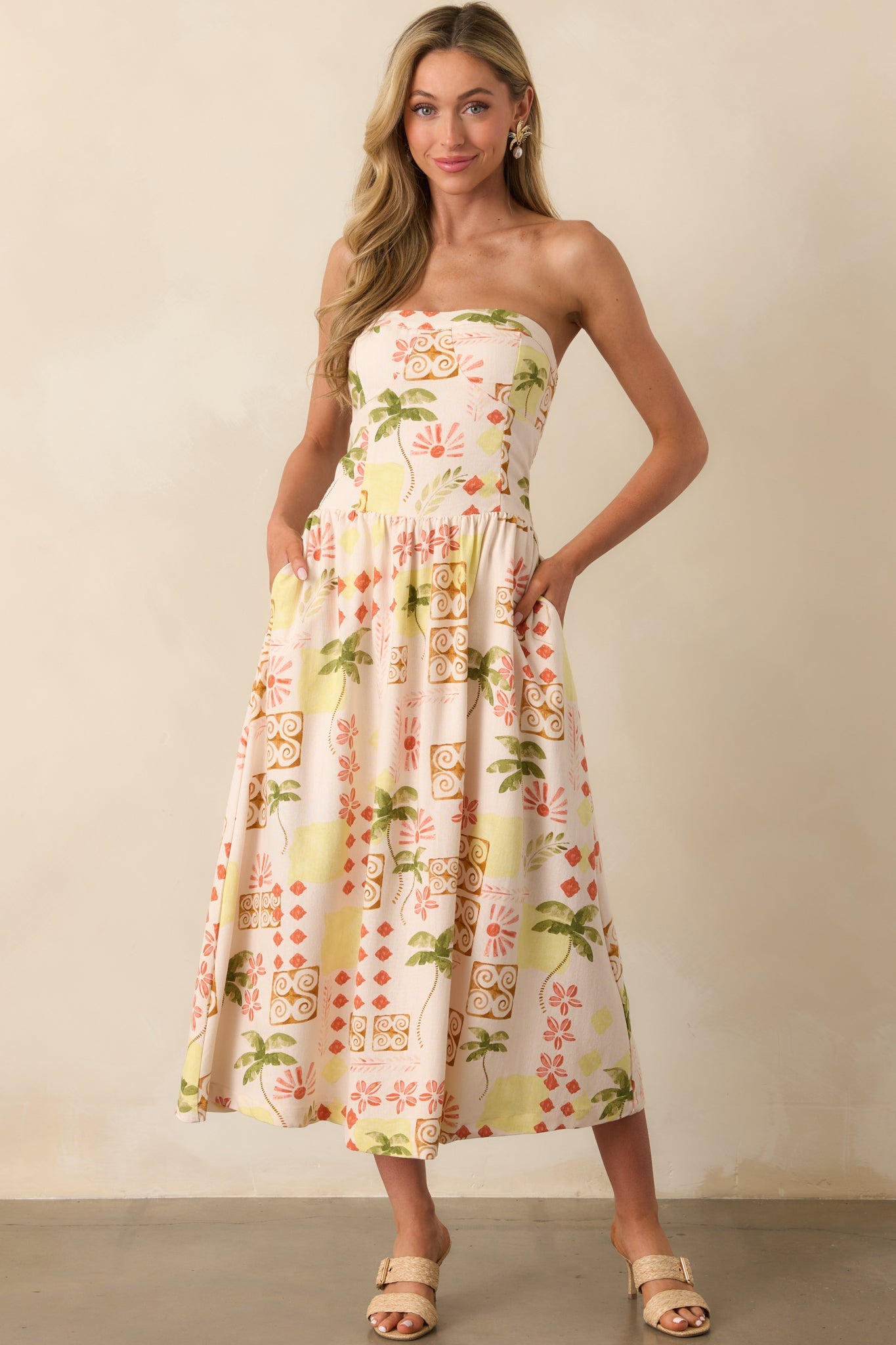 Live For The Moment Beige Tropical Print Linen Strapless Midi Dress