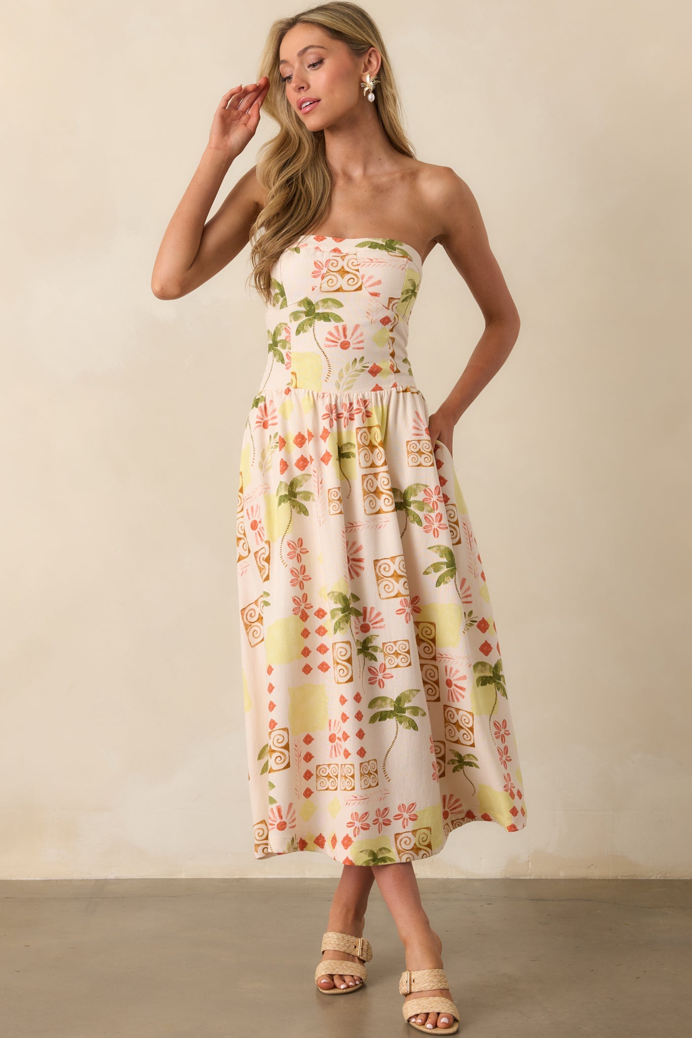 Live For The Moment Beige Tropical Print Linen Strapless Midi Dress