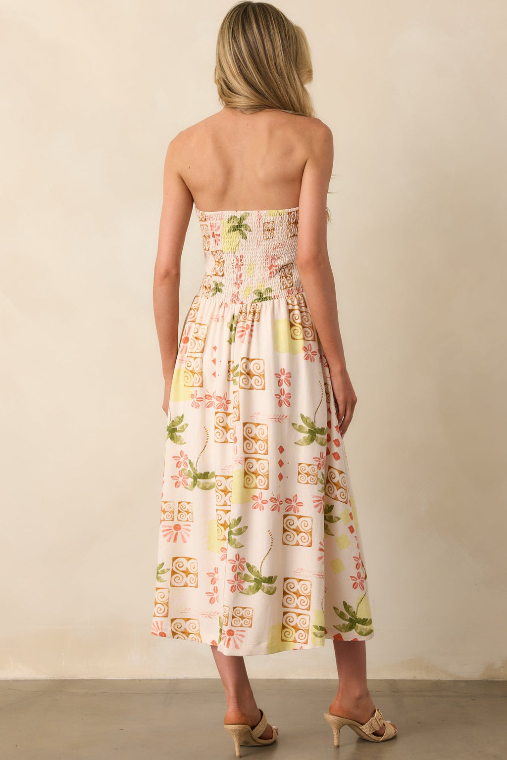 Live For The Moment Beige Tropical Print Linen Strapless Midi Dress