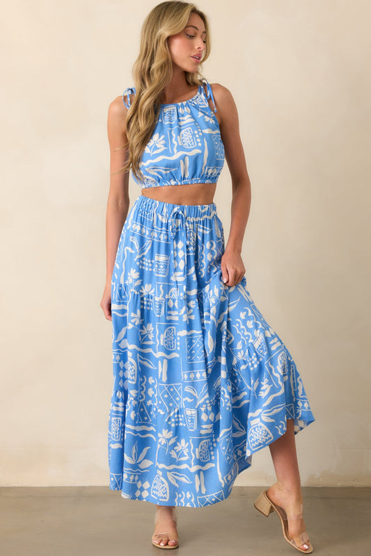 Where The Good Energy Is Blue Tropical Print Rayon Maxi Skirt