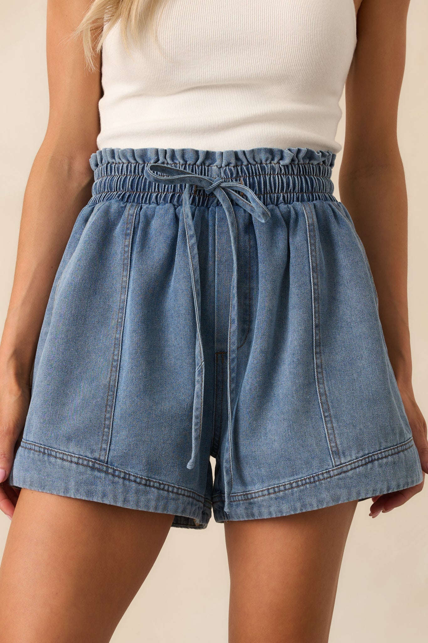 First Things First Medium Wash Cotton Drawstring Denim Shorts
